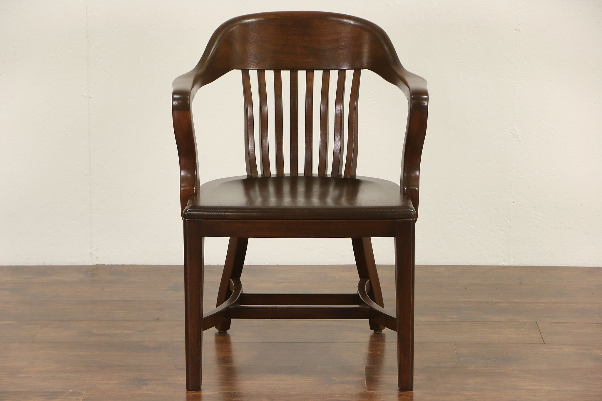 Walnut Antique 1920 Banker Chair, Curved Spindles & Arms