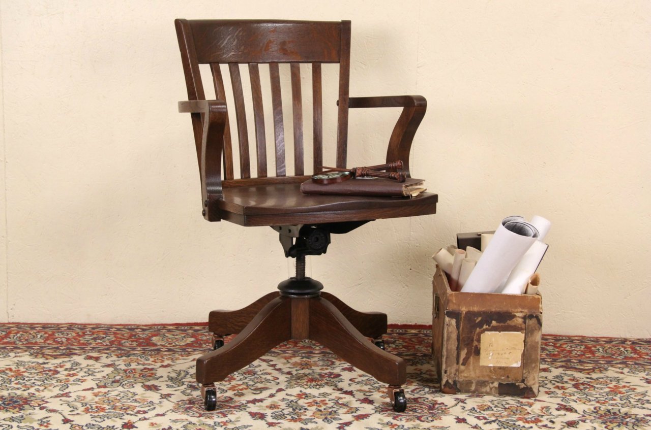 Oak Swivel 1920 Antique Adjustable Desk Chair, Johnson of Milwaukee