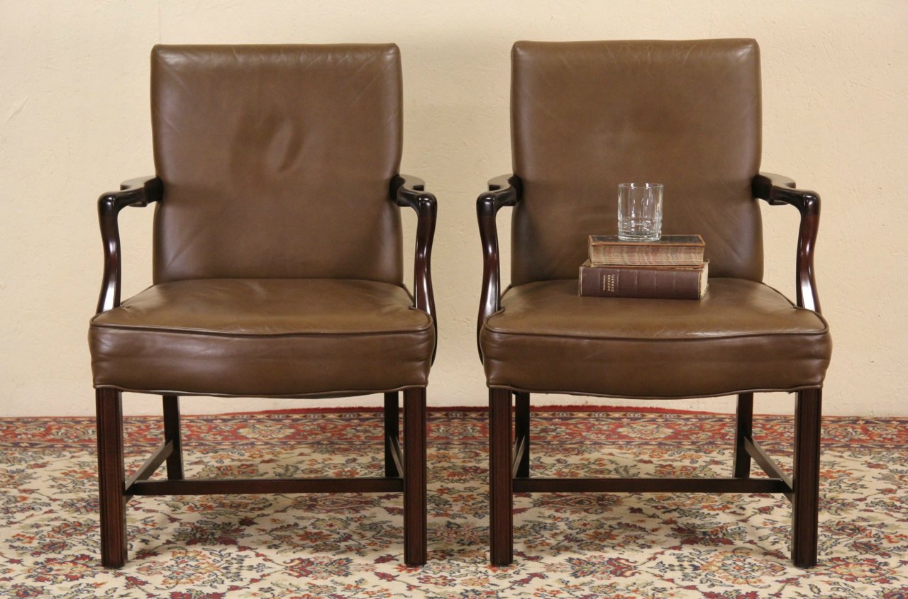 Pair Kittinger Vintage Leather Mahogany Chairs