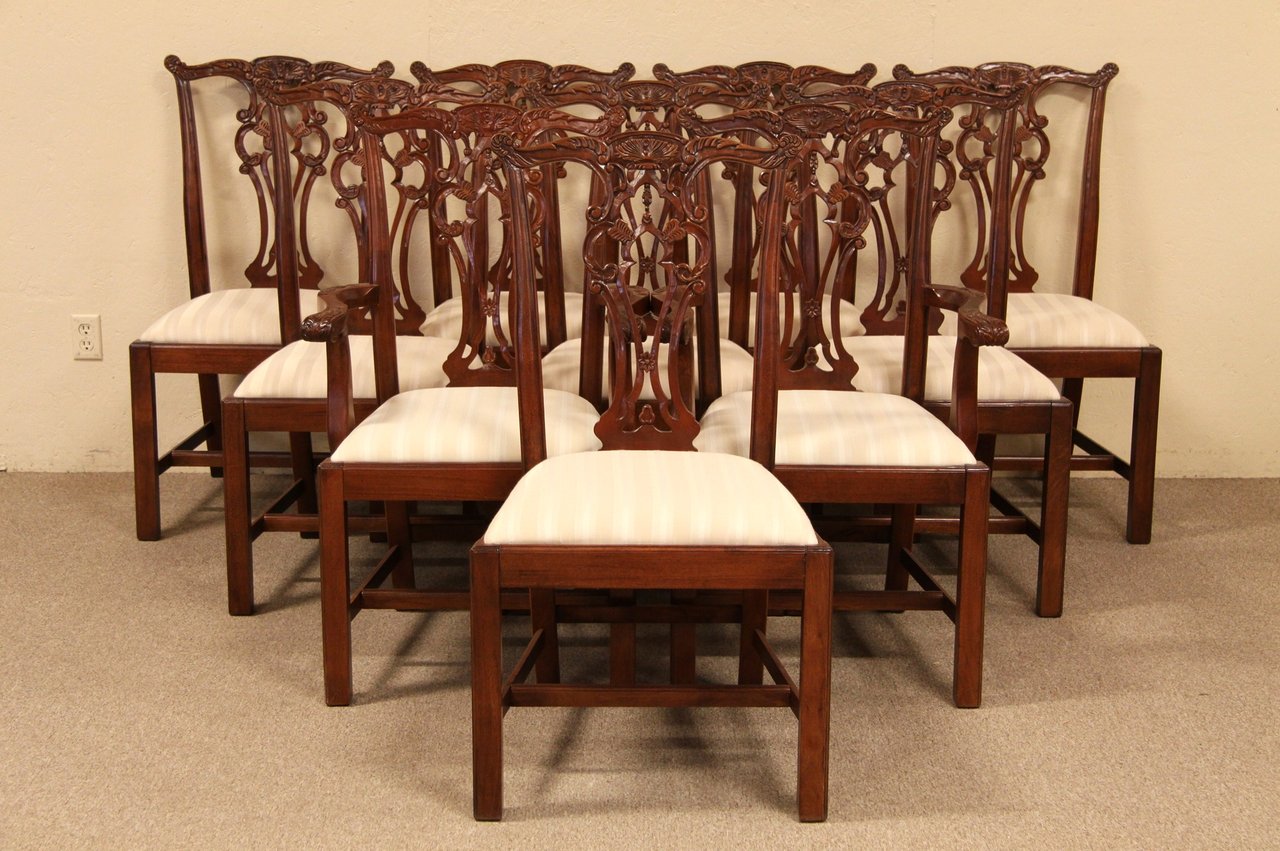 Set of 10 Pierced and Hand Carved Mahogany Chairs