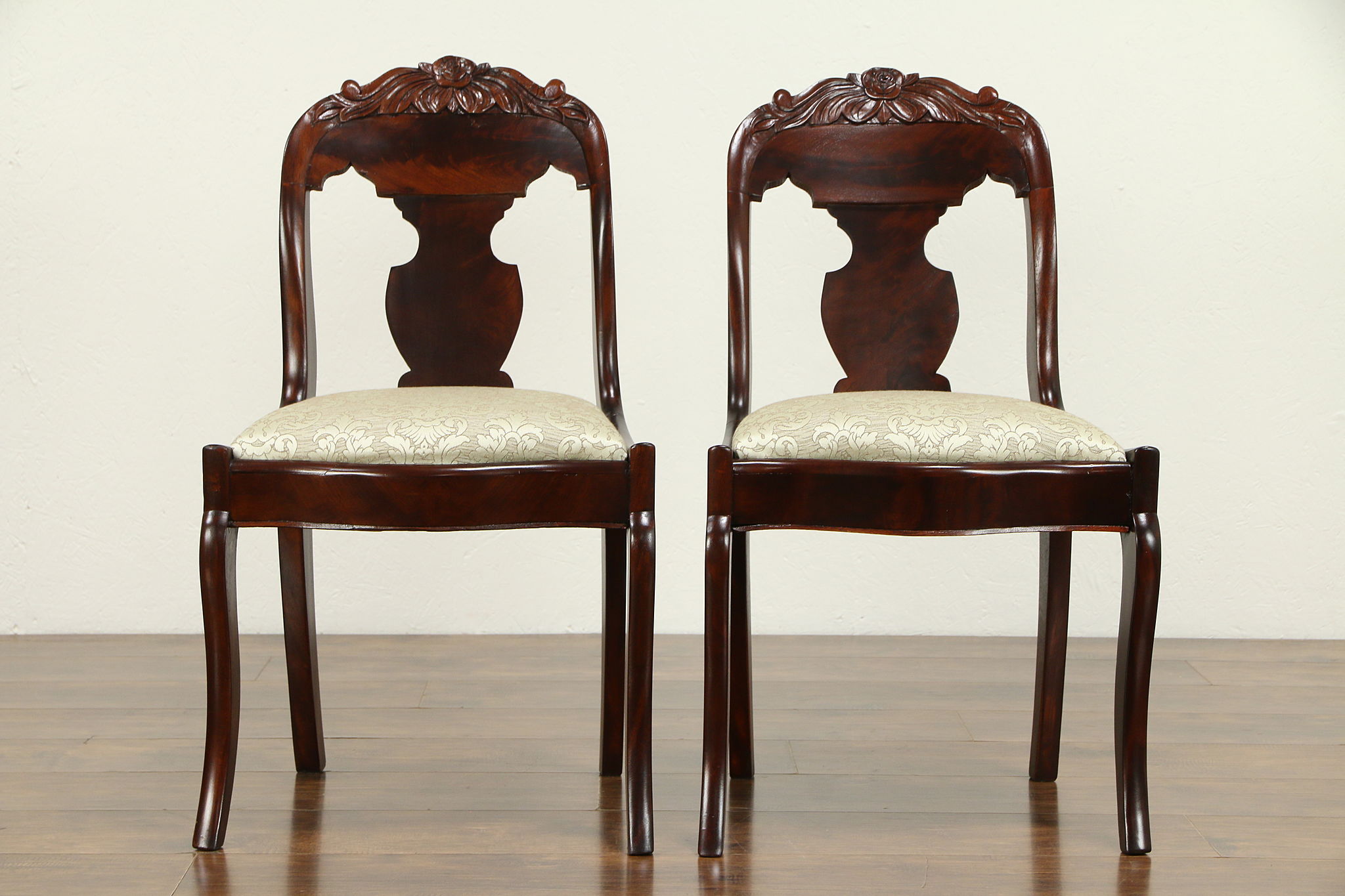 Set of 6 Antique 1825 Empire Mahogany Dining Chairs, New Upholstery