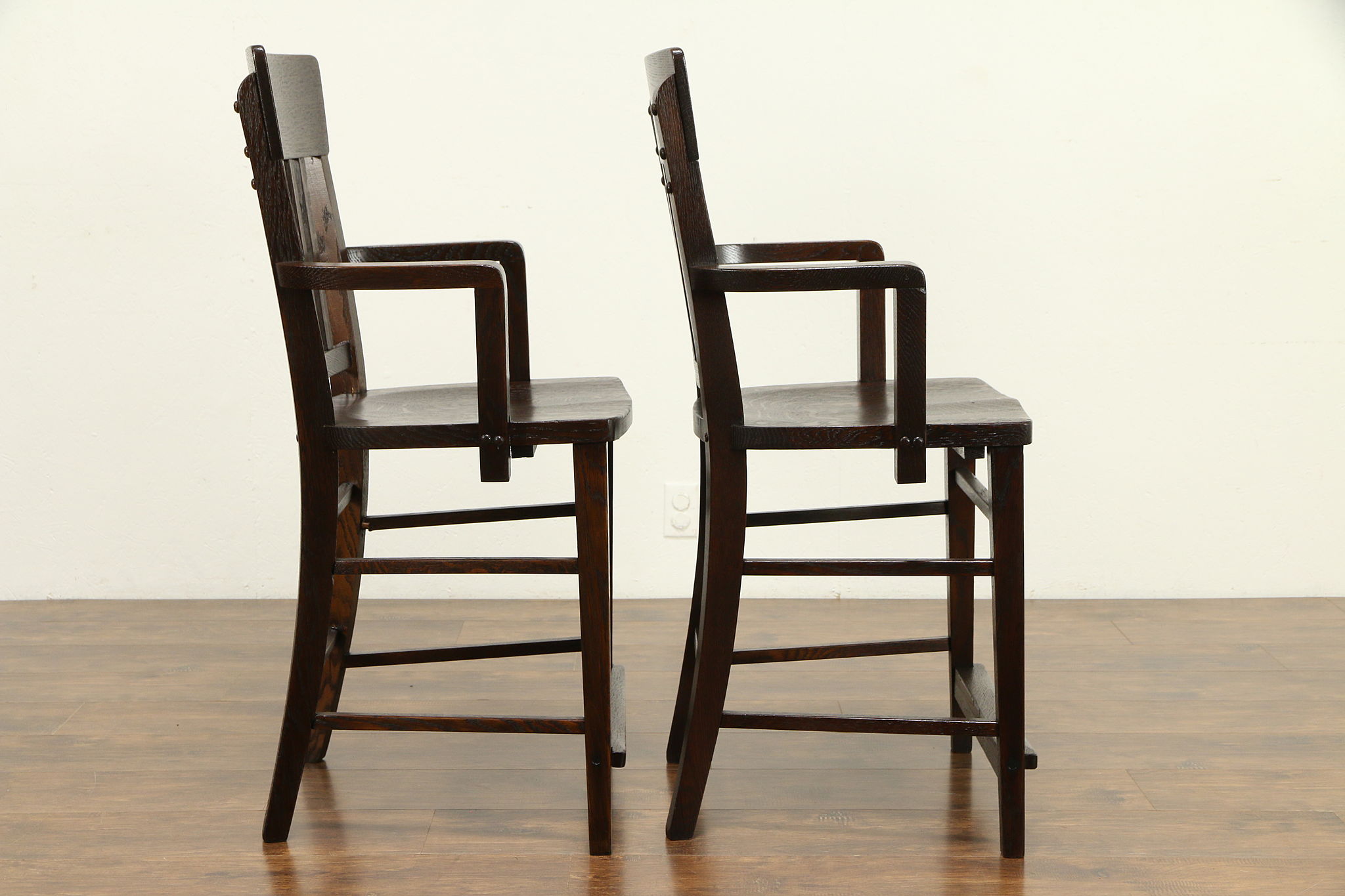 Pair of Antique Quarter Sawn Oak Craftsman Billiard or Pool Hall Chairs