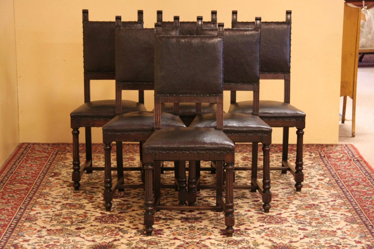 Set of 6 Antique Leather Dining Chairs