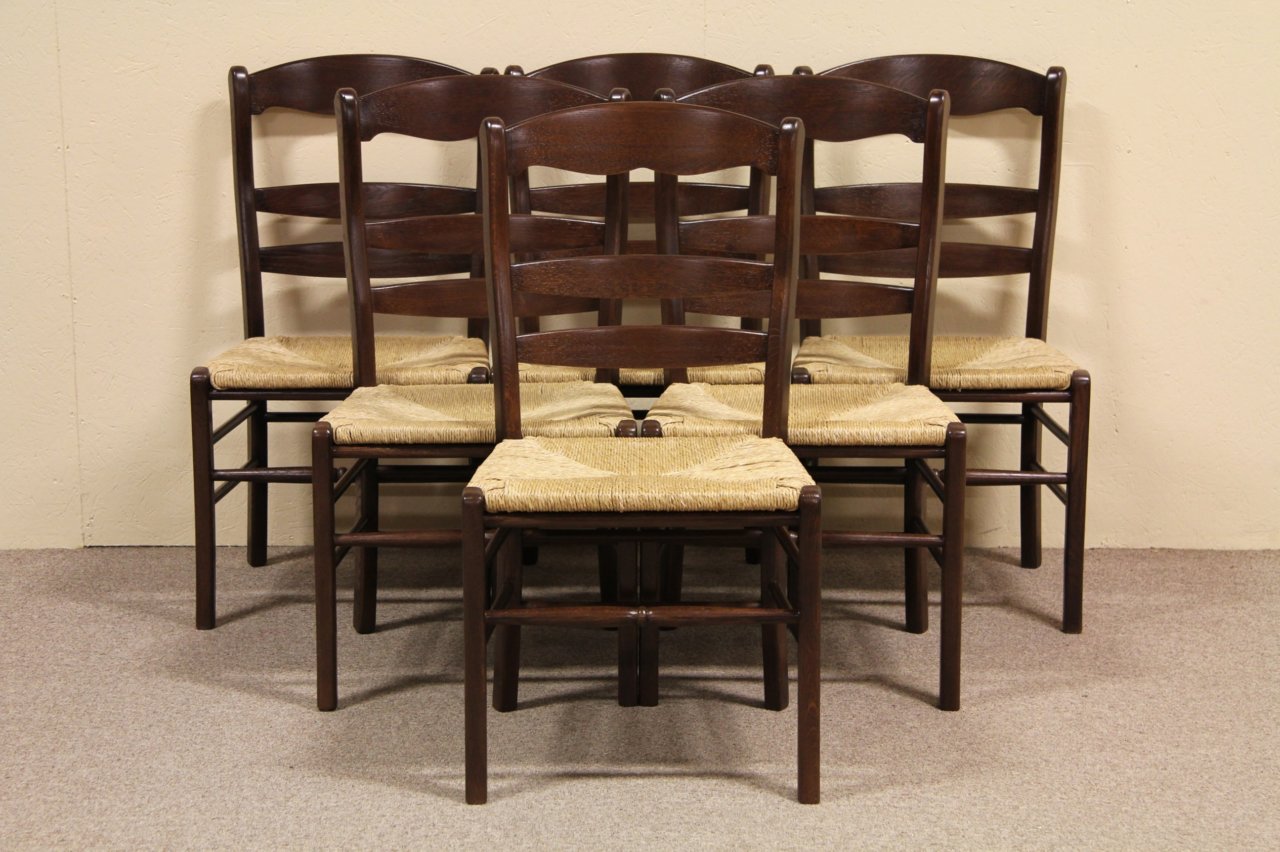 Set of 6 Country Oak Dining Chairs, Rush Seats