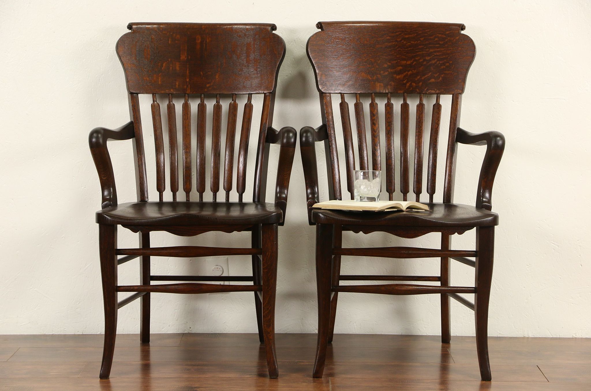 Pair of 1900 Antique Carved Quartersawn Oak Chairs from Wis. Courthouse