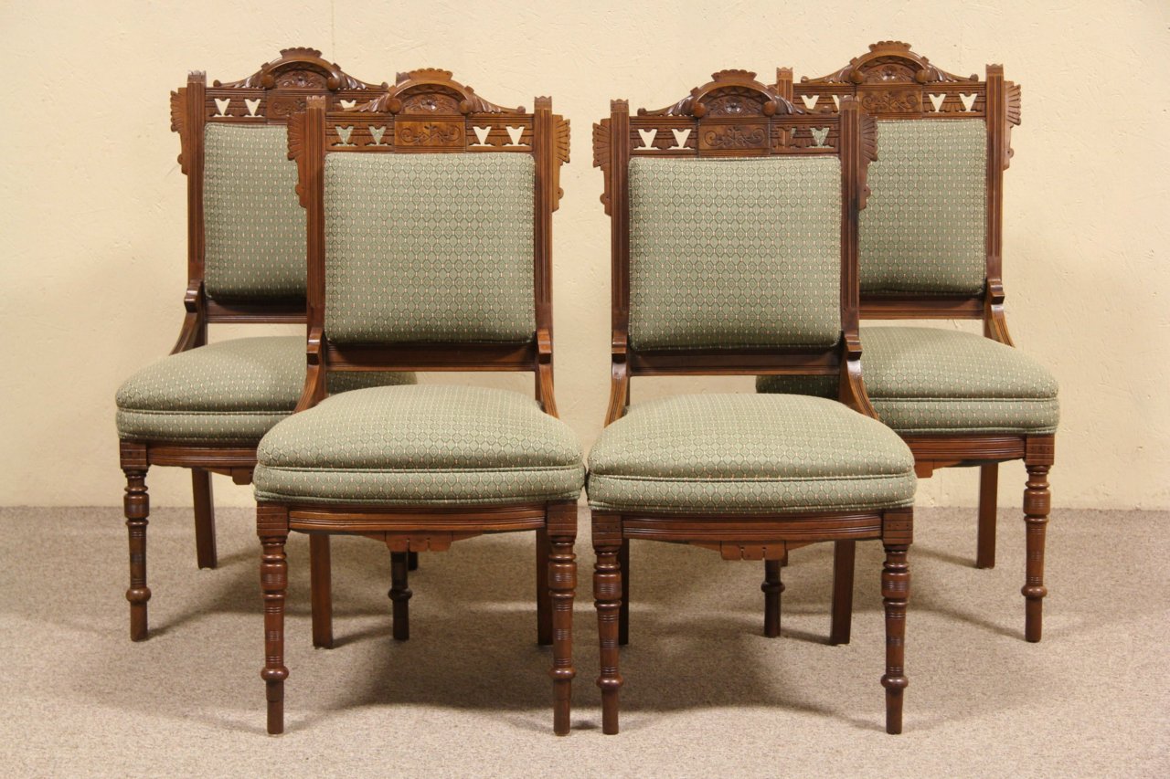 Set of 4 Carved 1880 Antique Eastlake Dining or Game Chairs
