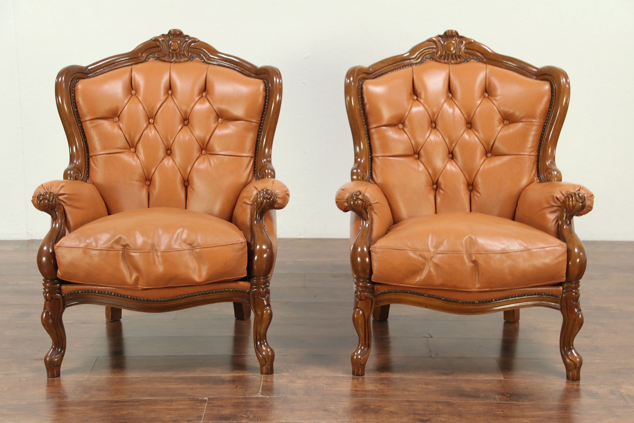 SOLD Pair of Carved Fruitwood Vintage Wing Back Chairs