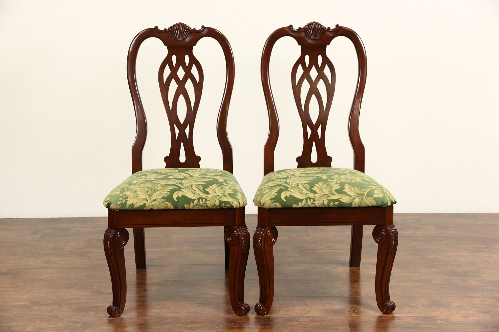 Pair Carved Traditional Mahogany Side Chairs, New Upholstery