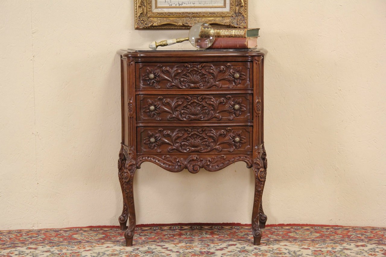 Chest, End Table or Nightstand, Carved 1930's Vintage, Black Marble Top