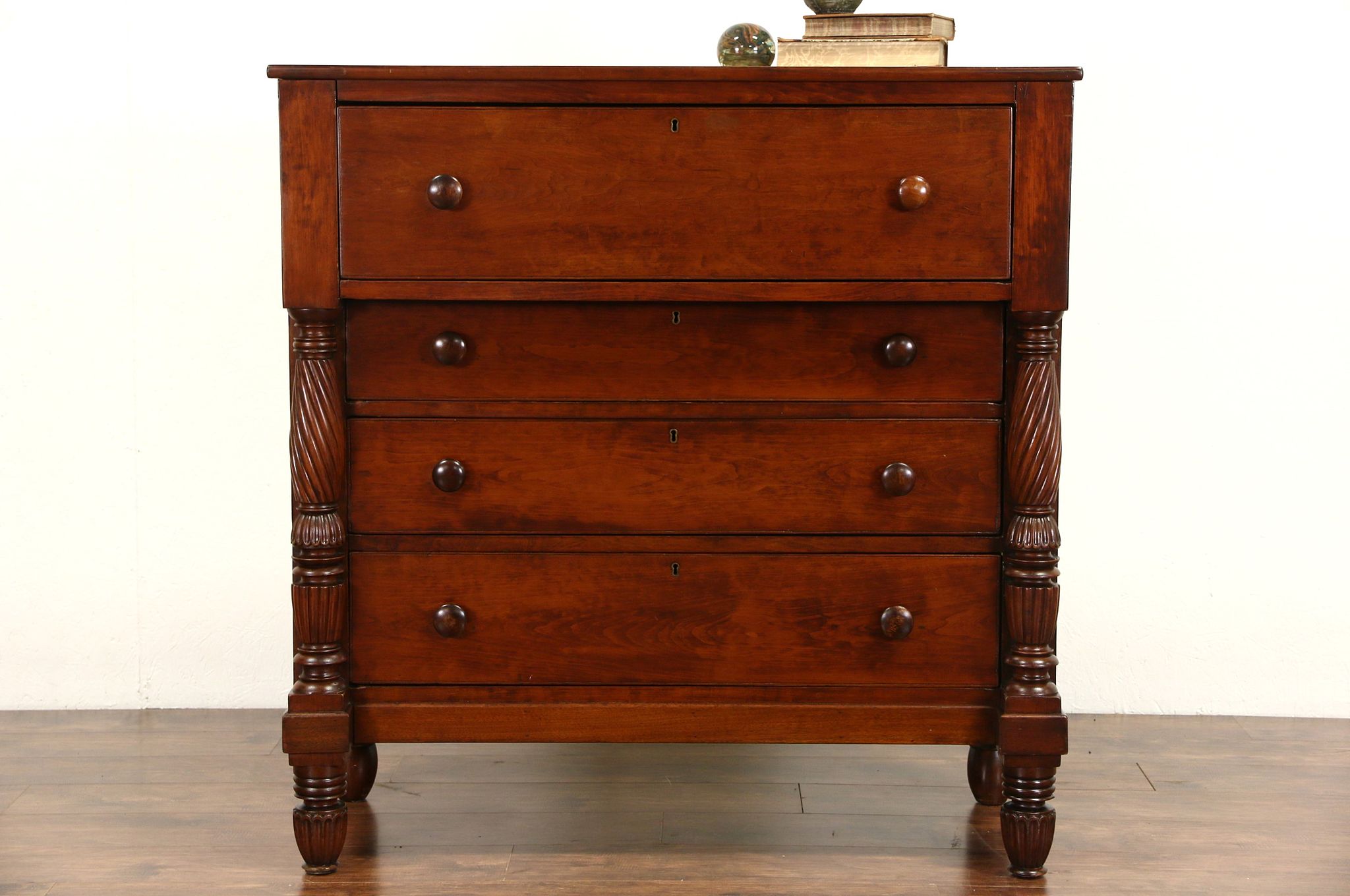 Cherry Empire 1830 Antique Chest or Dresser, Spiral Columns
