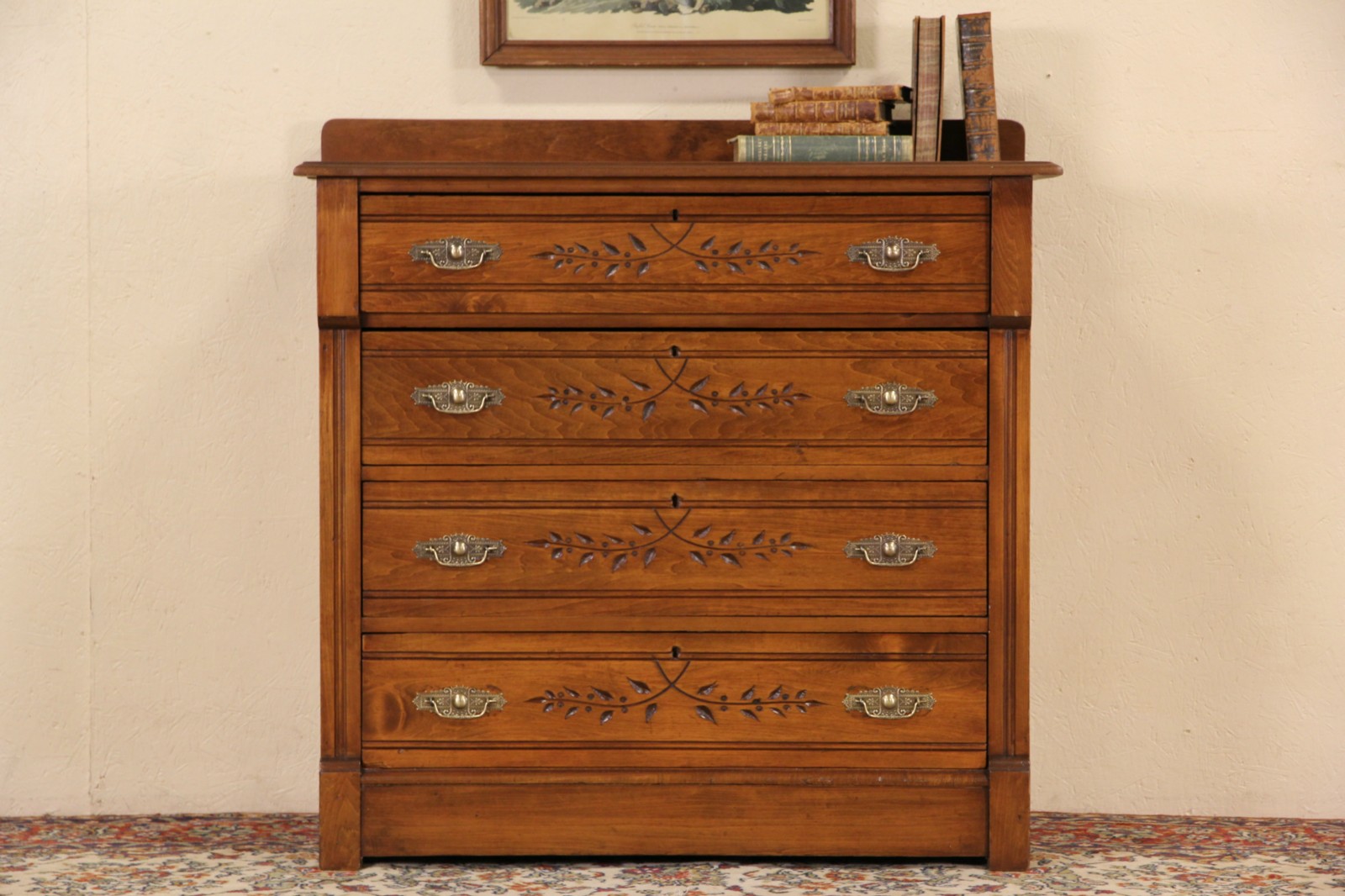 Victorian Eastlake Antique 1885 Spoon Carved Maple & Cherry Chest