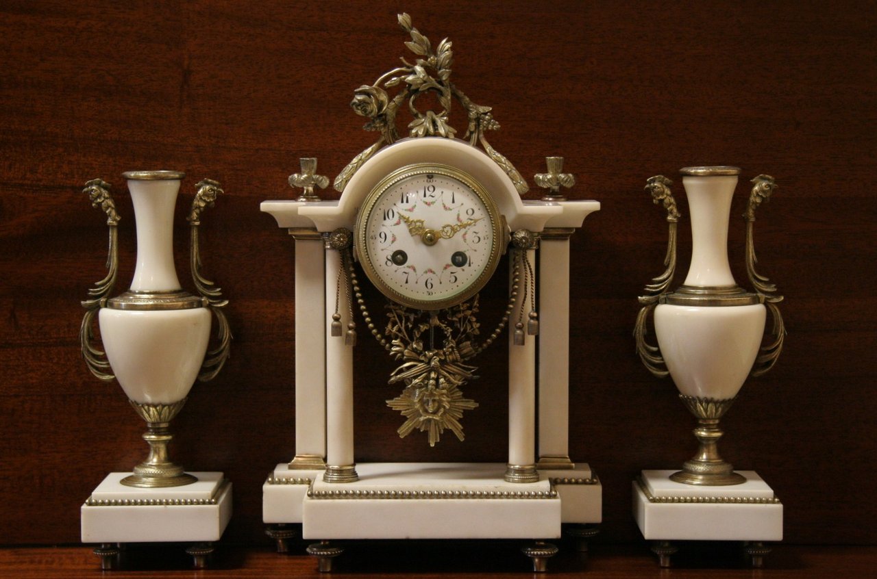 French Marble & Bronze Mantel Clock Garniture Set