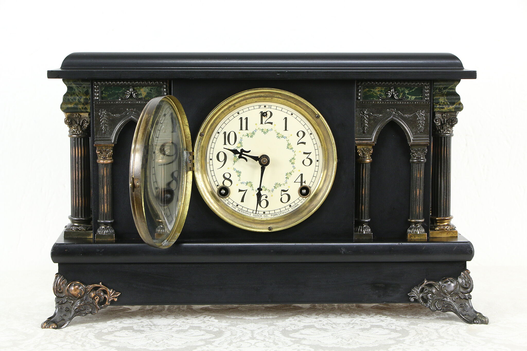 Victorian Antique Mantel Clock, Gothic Pillars, Sessions