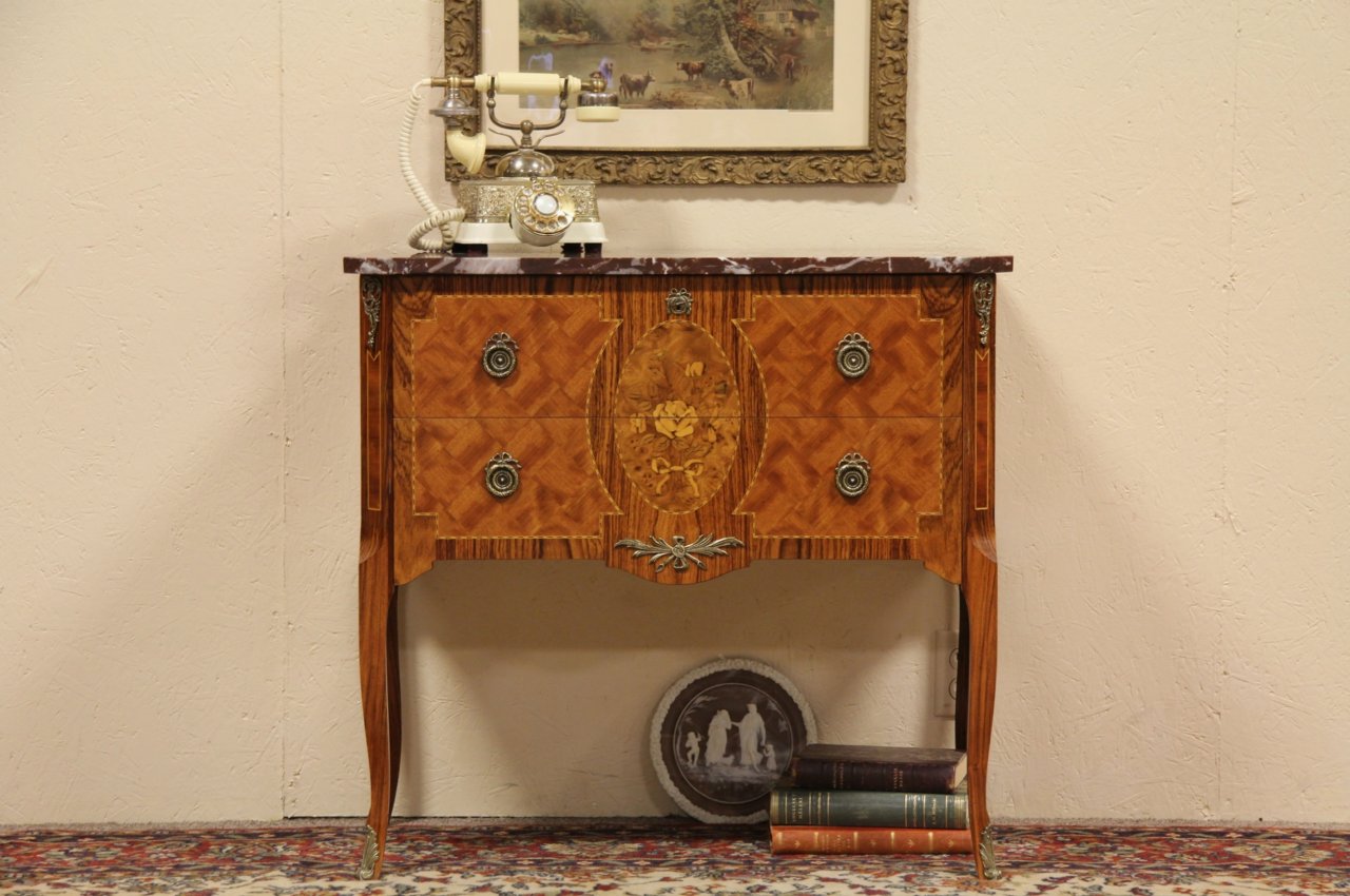 Sweden Red Marble Top Marquetry Chest