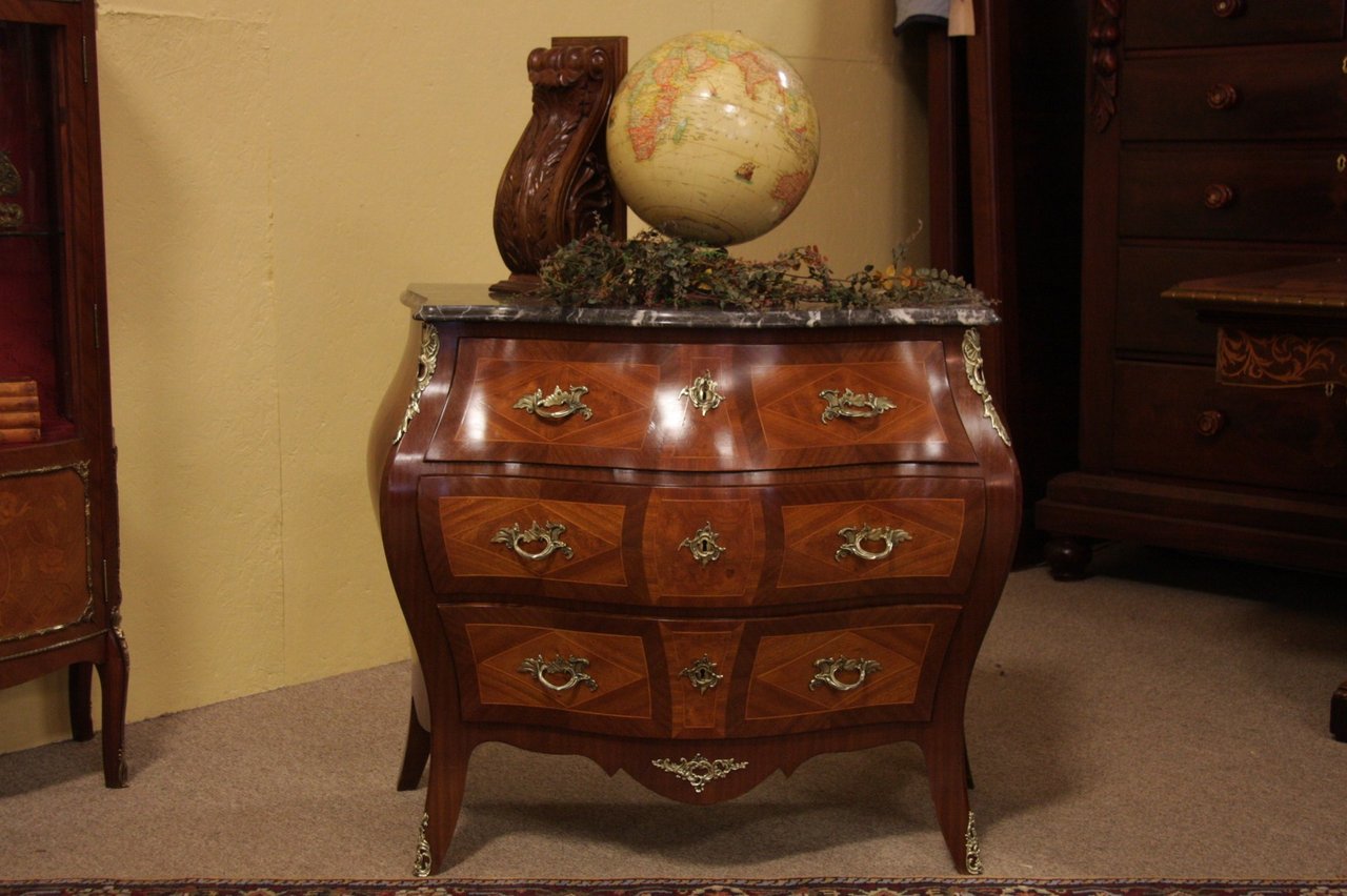 Bombe French Marquetry Marble Top Chest or Dresser