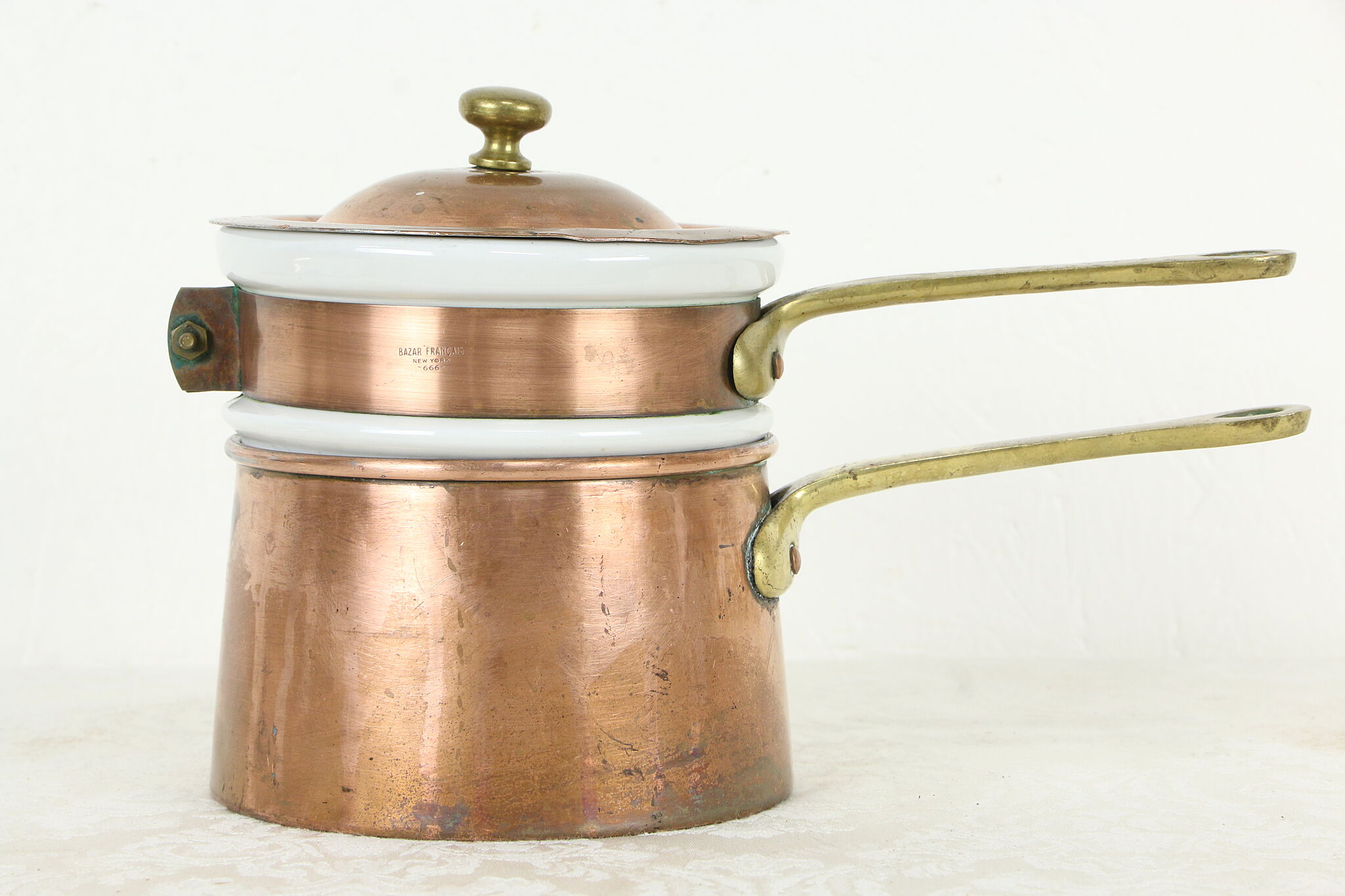 Copper Antique Fondue Pot or Double Boiler, Hall, Bazar Francaise