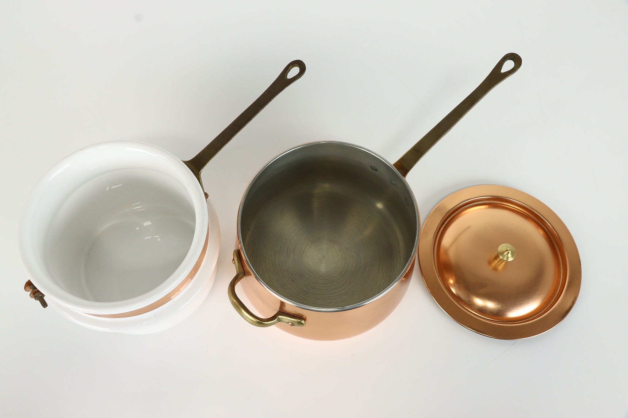 Vintage 3 Piece Copper Frying Pan Double Boiler With Lid Wooden Handle Italy