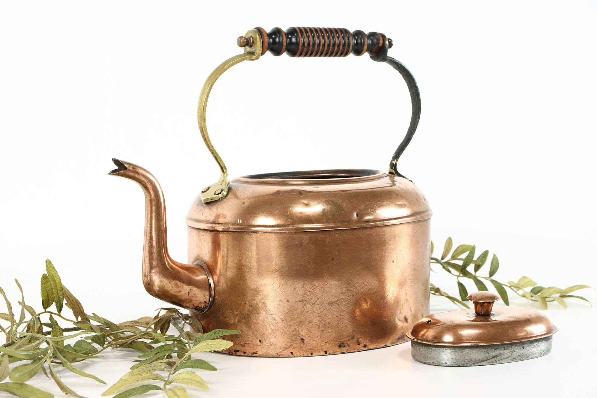 Farmhouse Vintage Copper Pot or Kettle, Brass Handles Portugal Metalutil  #39155