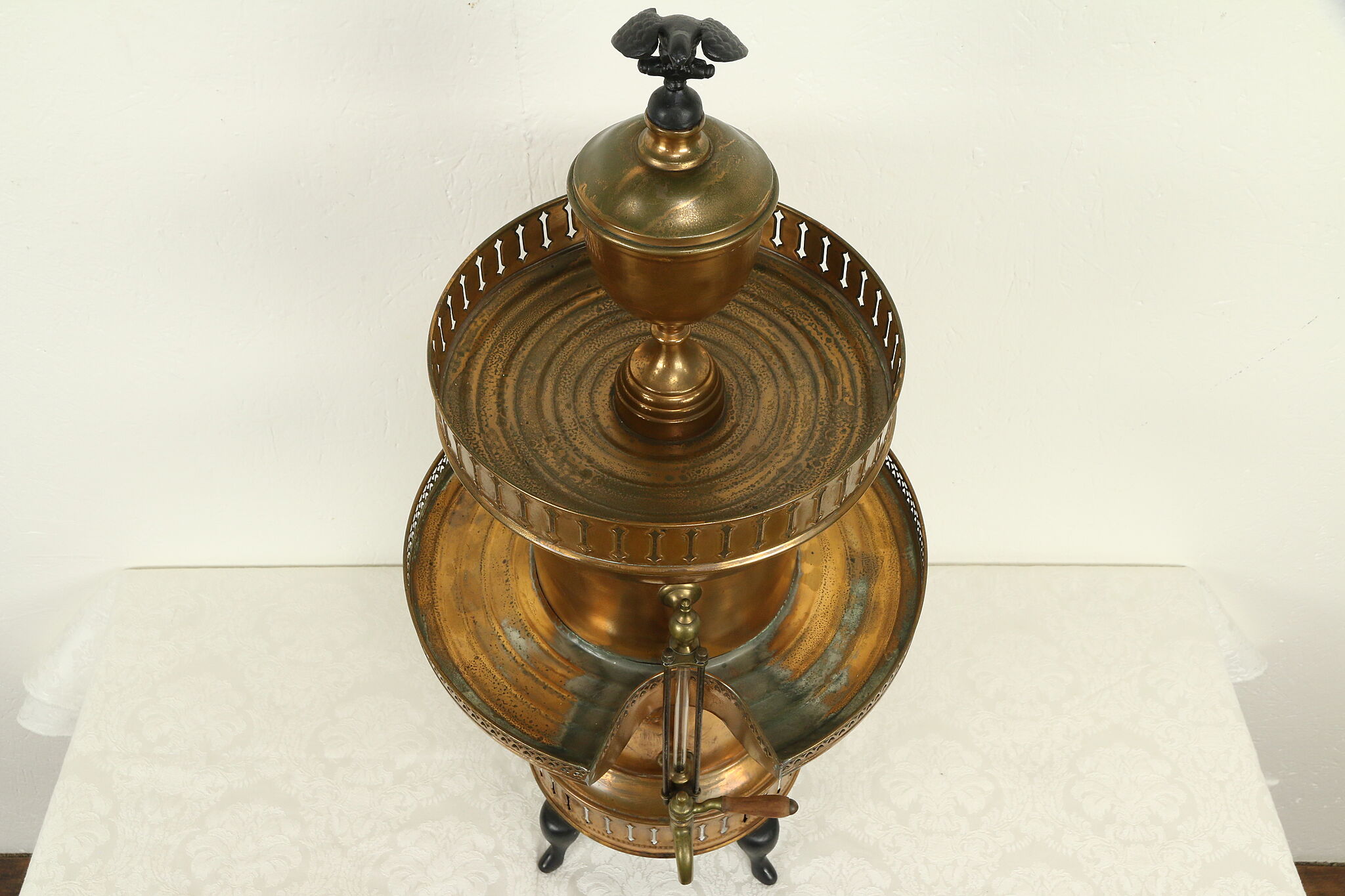 Copper & Brass Antique Coffee Pot or Urn, Gallery Cup Warmer