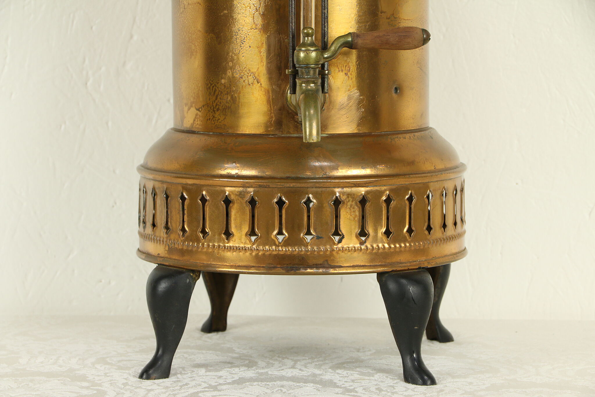 Copper & Brass Antique Coffee Pot or Urn, Gallery Cup Warmer