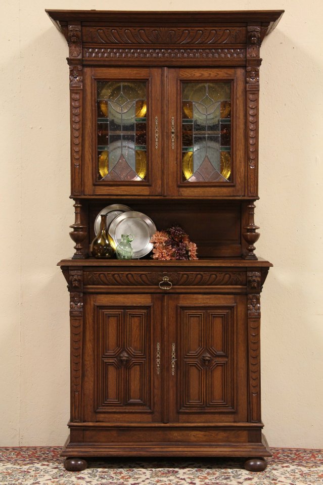 Carved Oak 1890 Stained Glass Doors