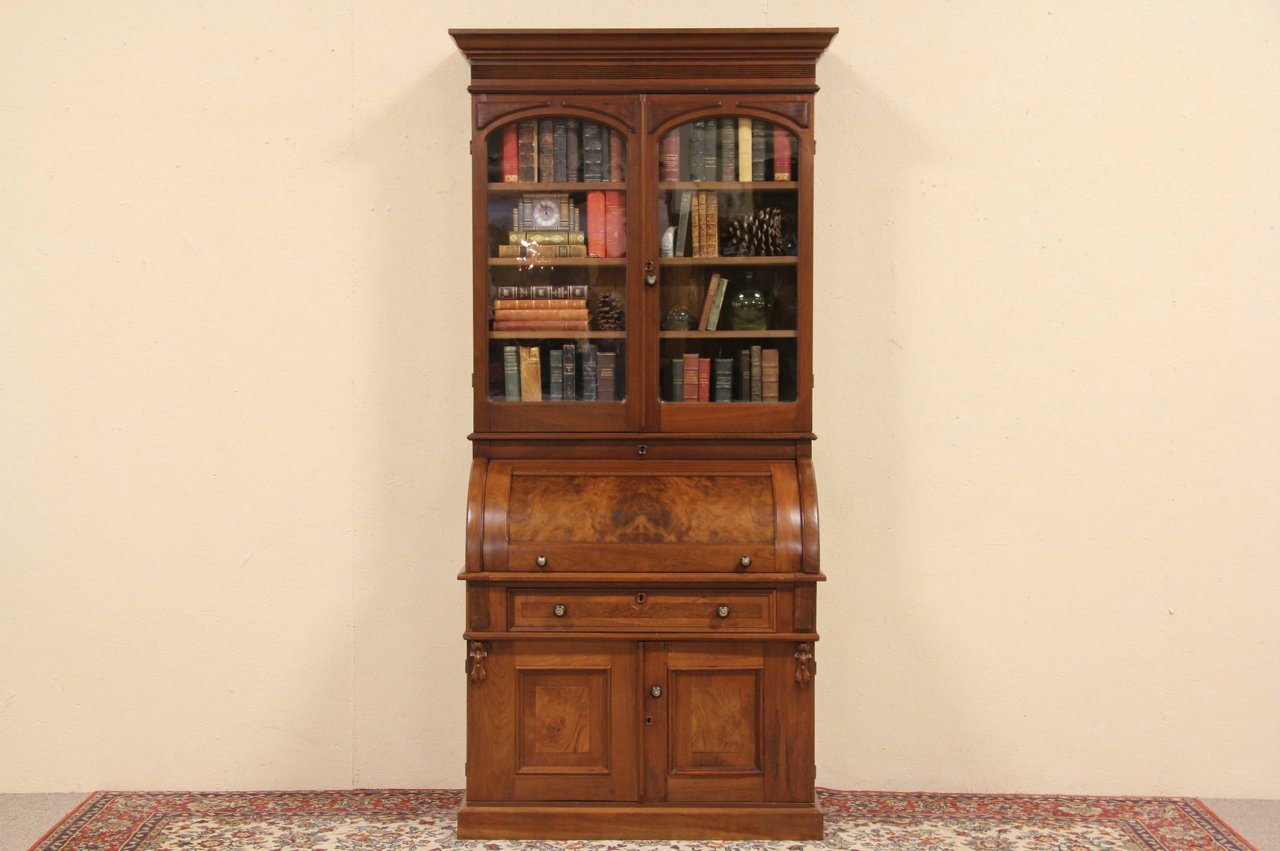 Victorian Eastlake Cylinder Roll Top Desk & Bookcase