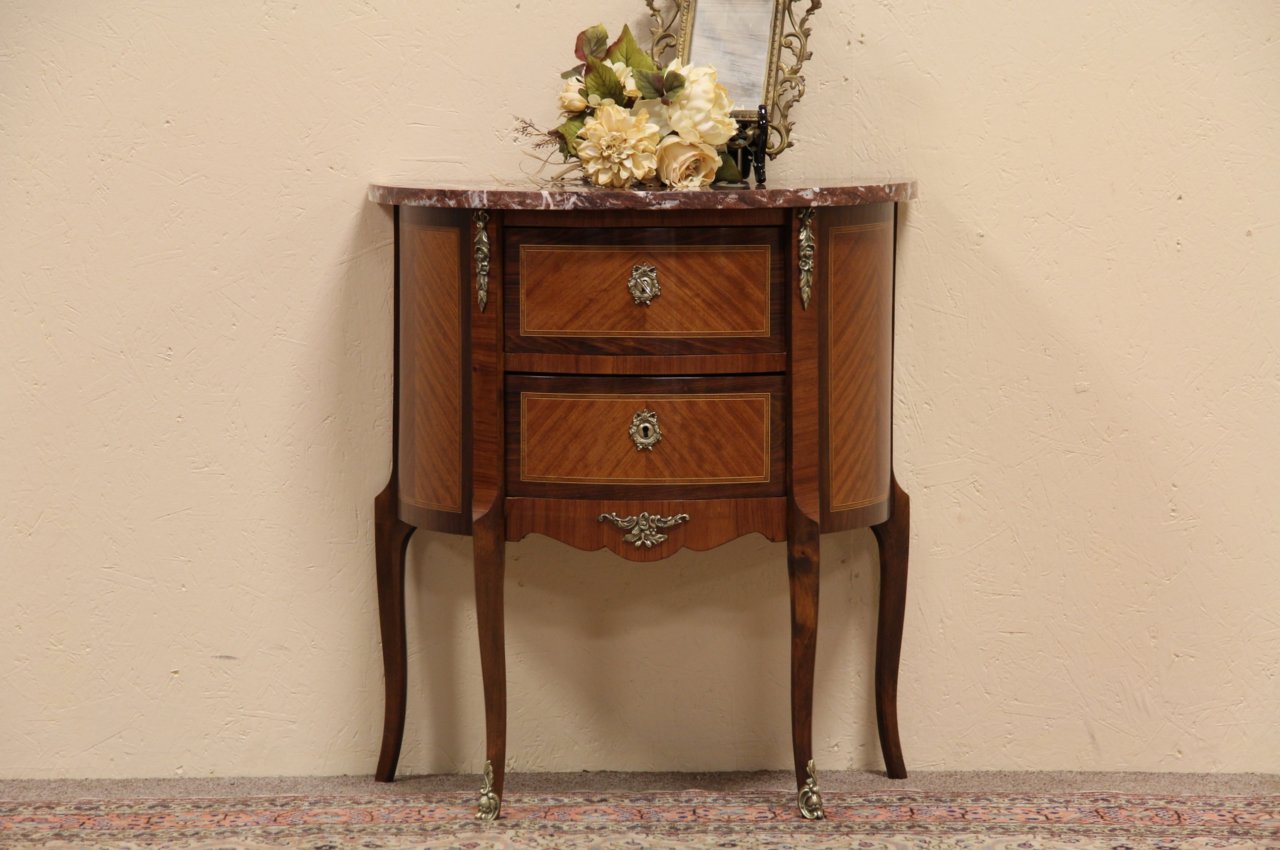Marble Top Demilune Marquetry Console