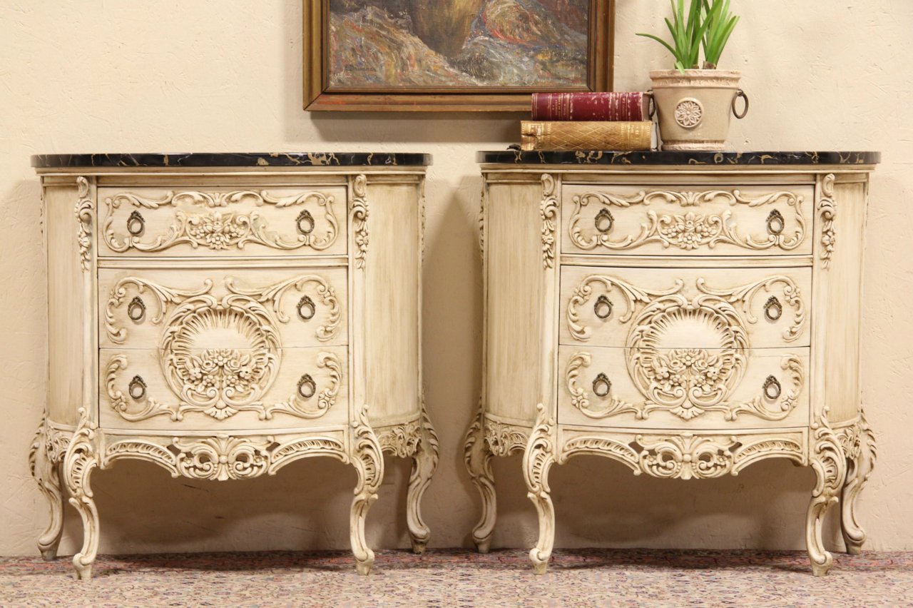 Pair Black Marble Top Painted Demilune Console Chests