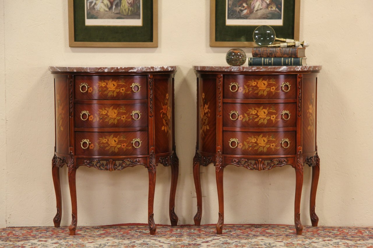 Pair of Marble Top Demilune Console Bedside or End Tables
