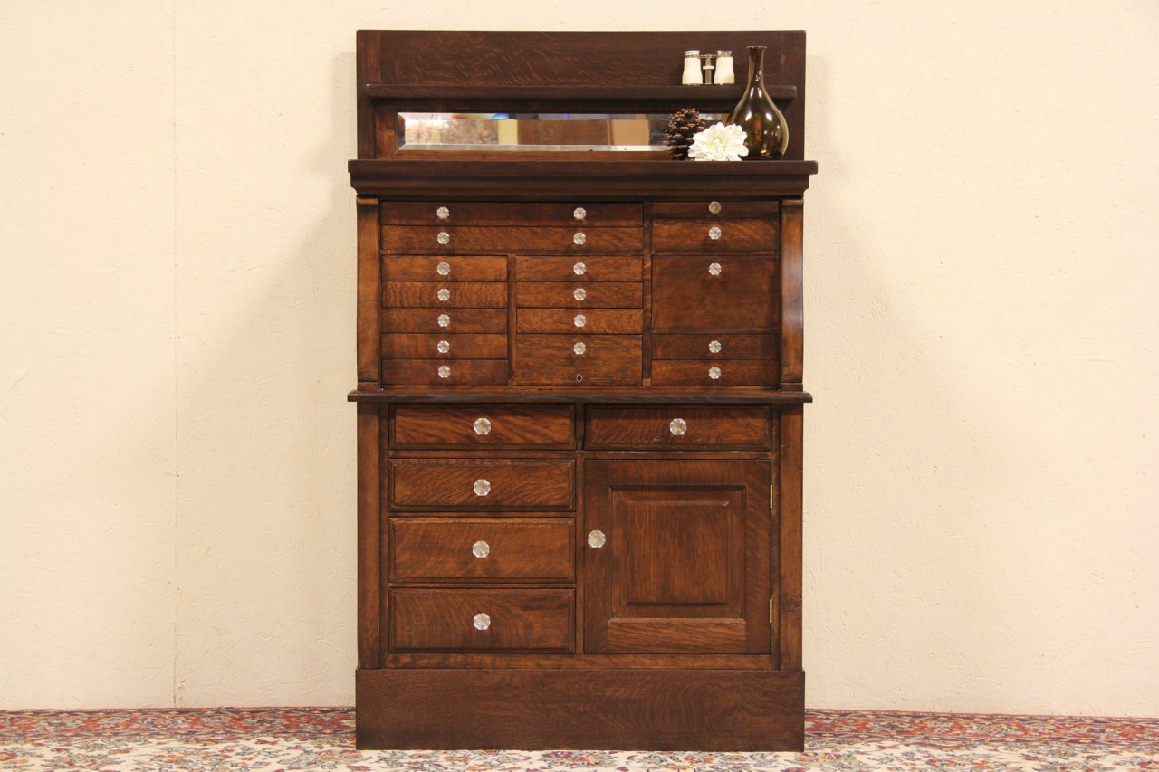Oak Antique 1900 Dental Cabinet, 19 Dentist Drawers