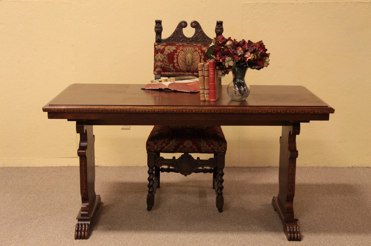 Carved Antique Oak Writing Desk or Library Table