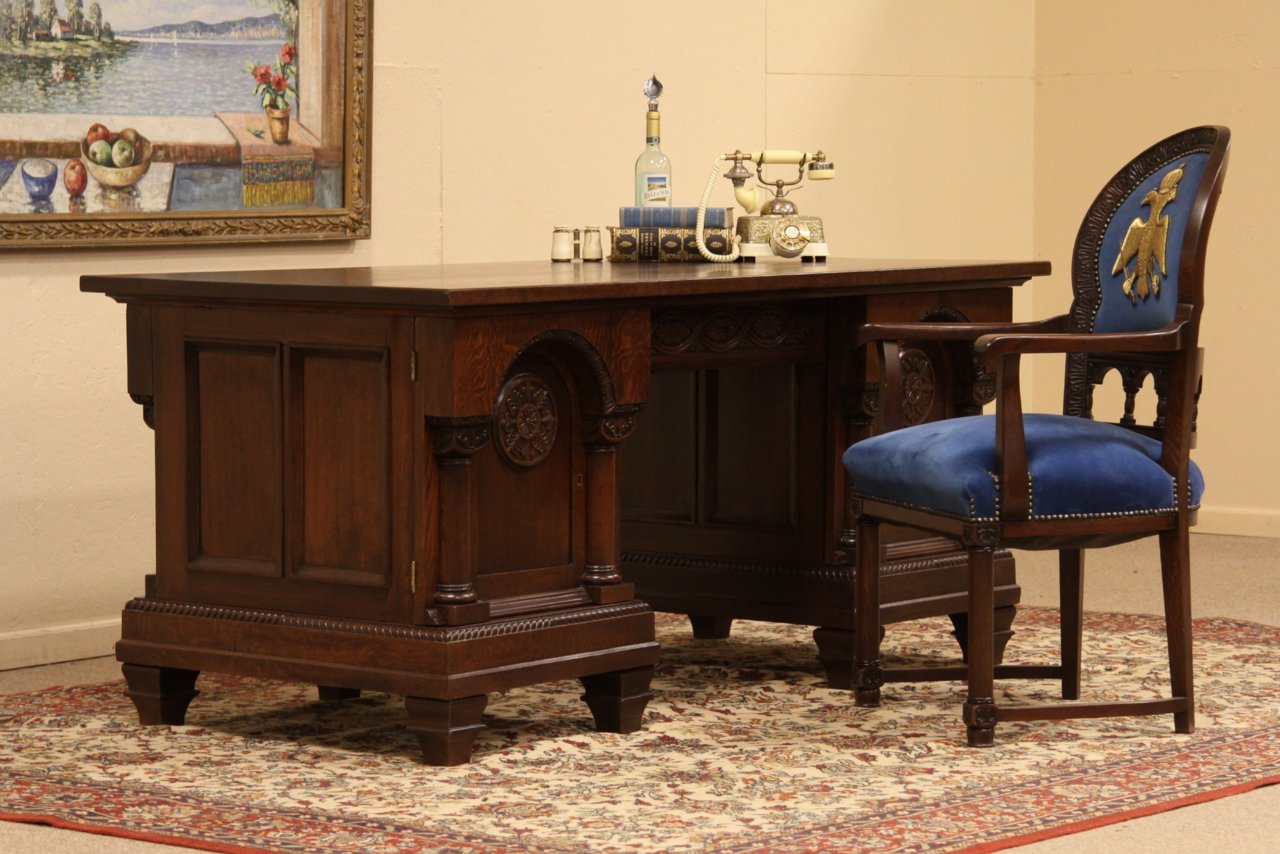 Carved Oak Antique Executive Desk
