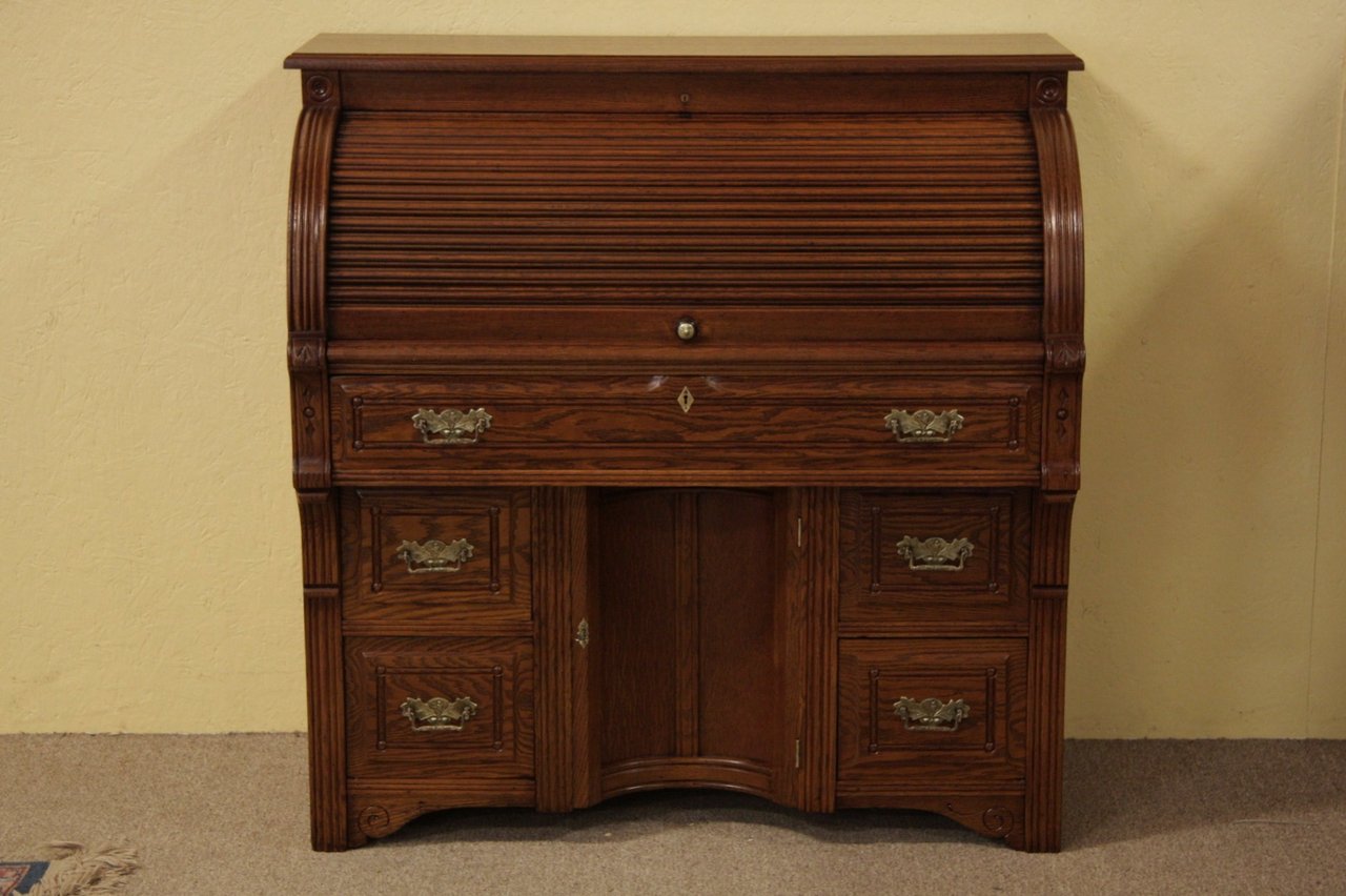 Victorian Eastlake Antique Oak Rolltop Desk