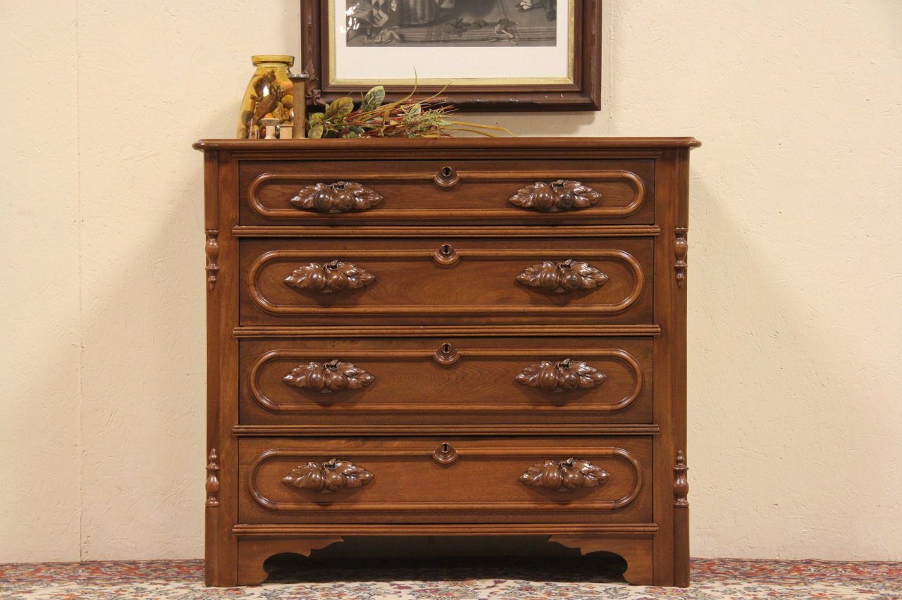 Victorian 1865 Walnut Chest or Dresser, Fruit Pulls
