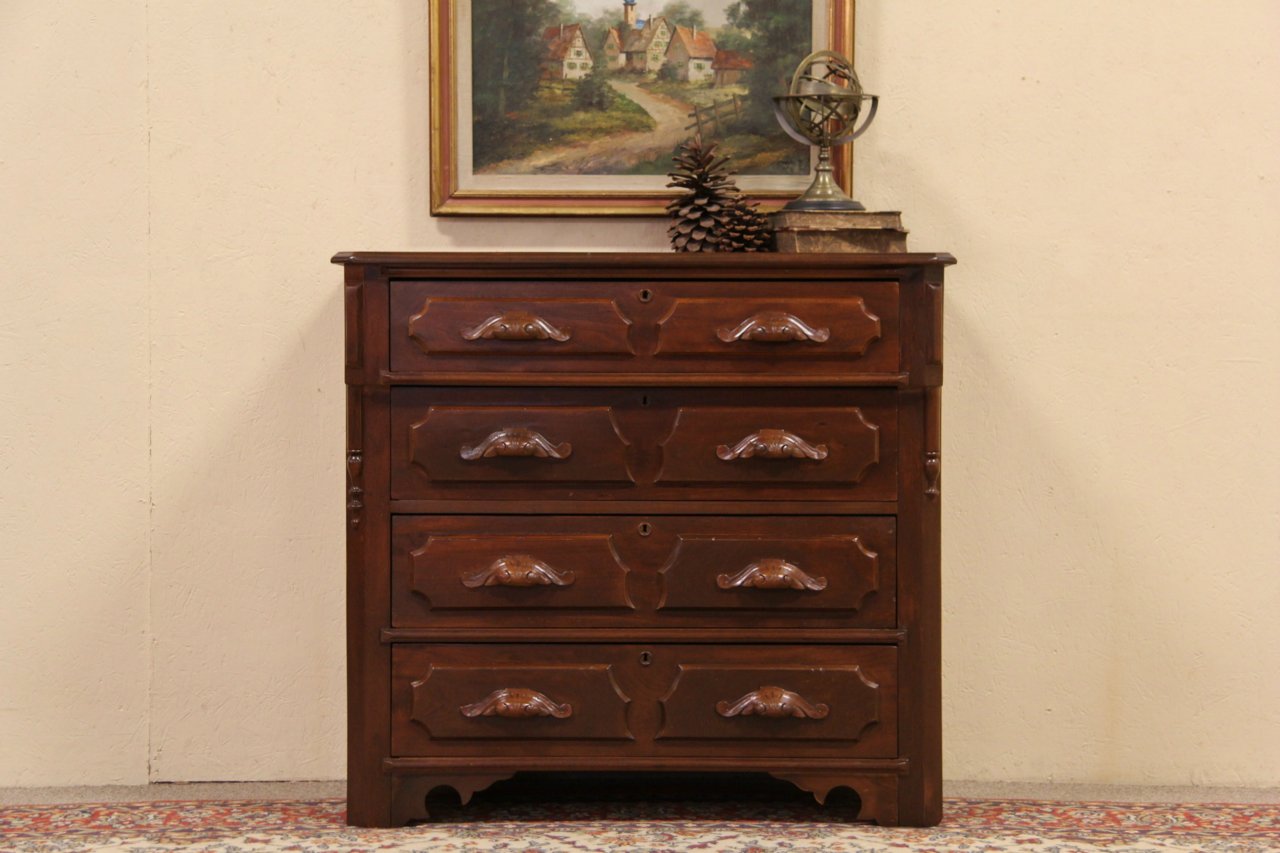 Victorian 1875 Antique Walnut Chest or Dresser, Carved Pulls