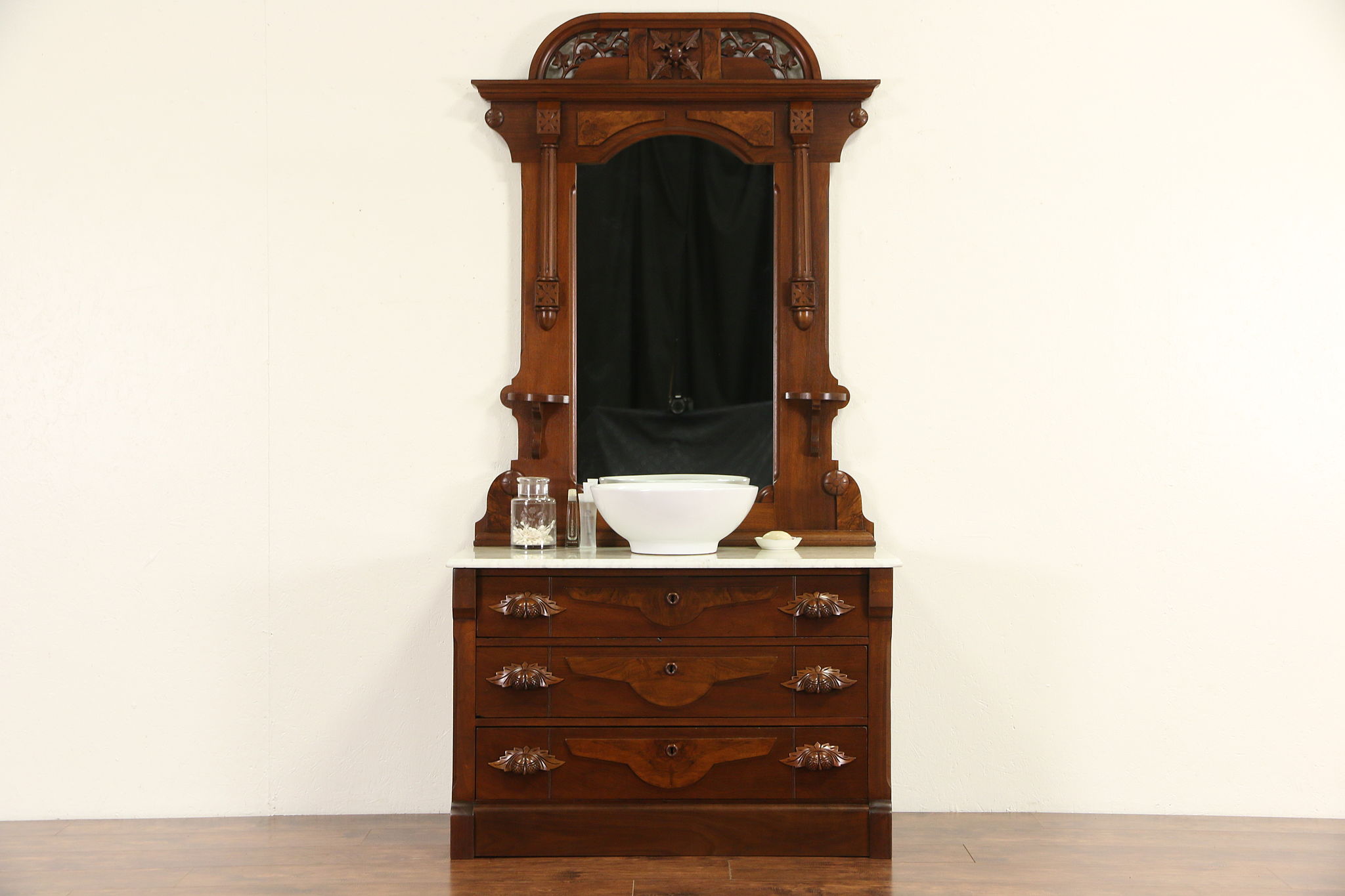 Victorian Eastlake 1870 Antique Marble top Chest or Dresser with Mirror