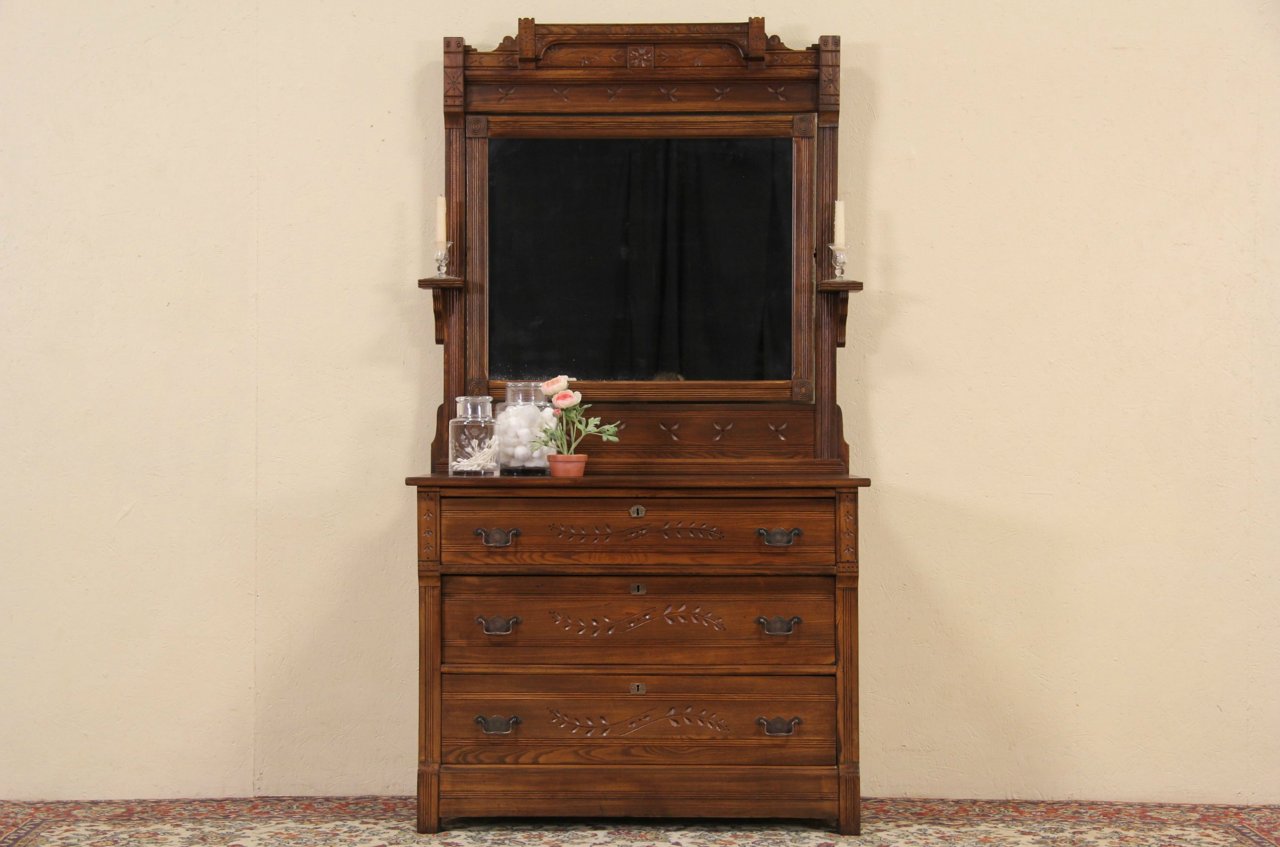 Victorian Eastlake 1885 Antique Oak Dresser or Chest, Mirror