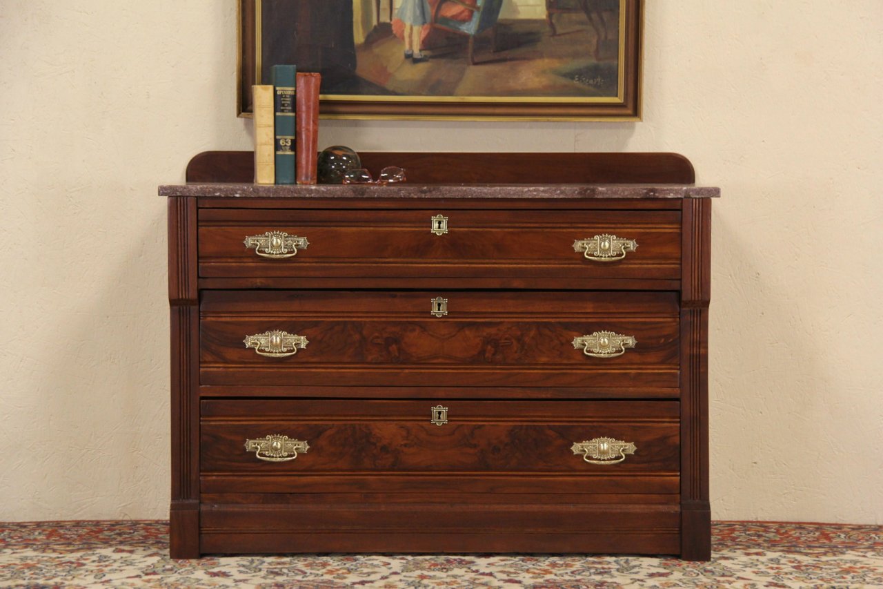 Victorian Eastlake 1870 Antique Marble Top Chest or Dresser