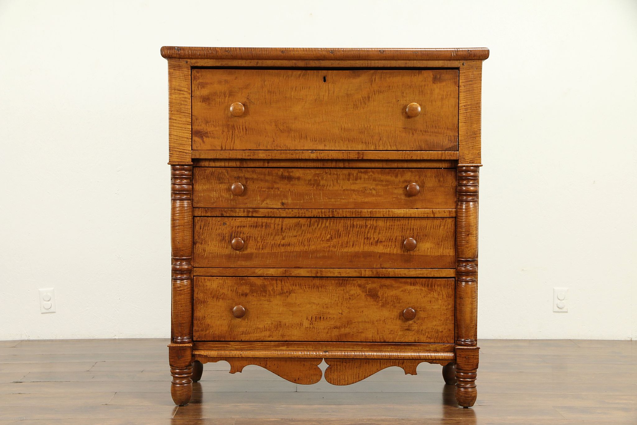 Sold Empire Tiger Curly Maple Antique 1825 Chest Or Dresser