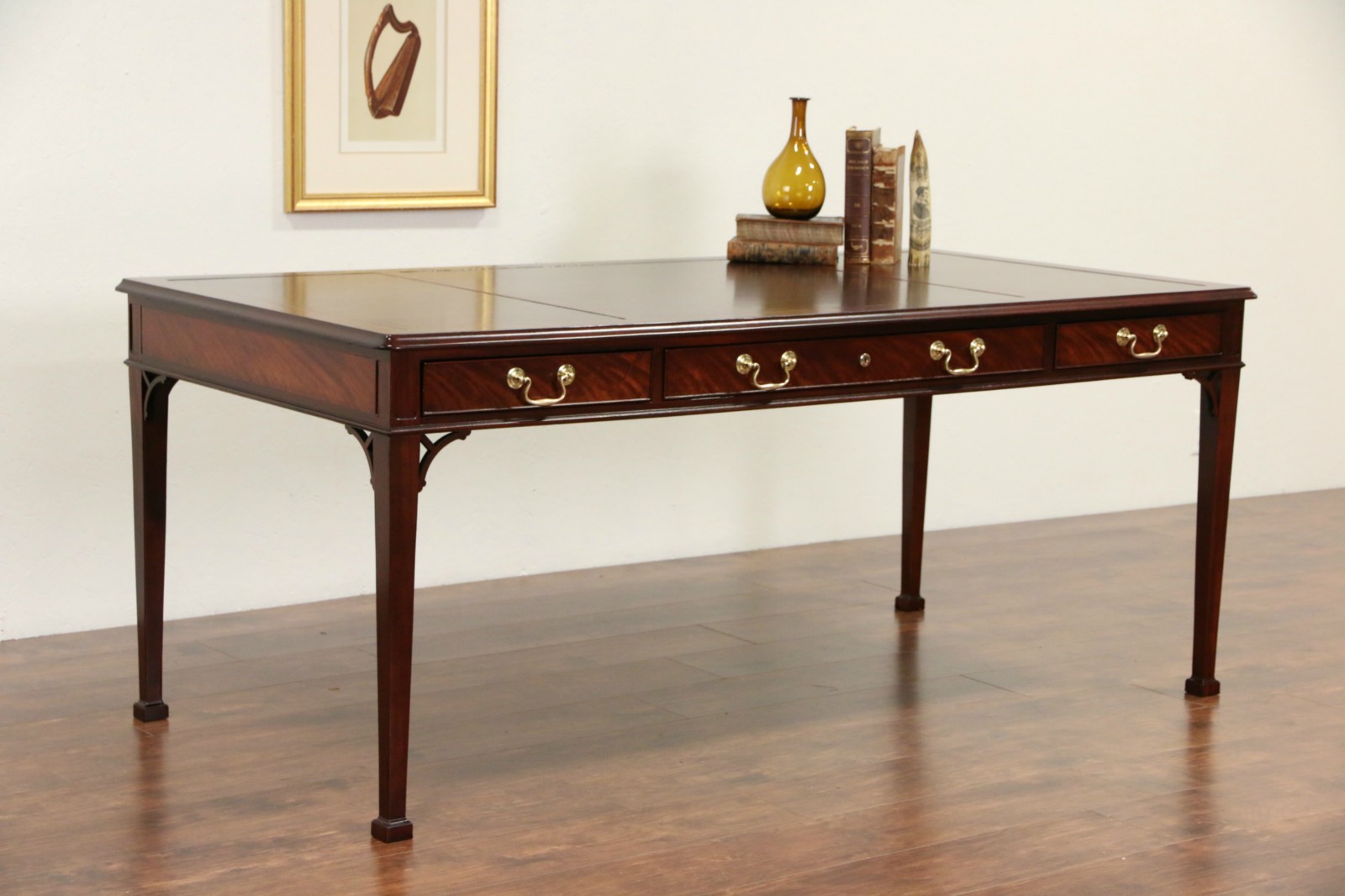 Baker Collector's Edition Signed Vintage Library Writing Desk, Leather Top