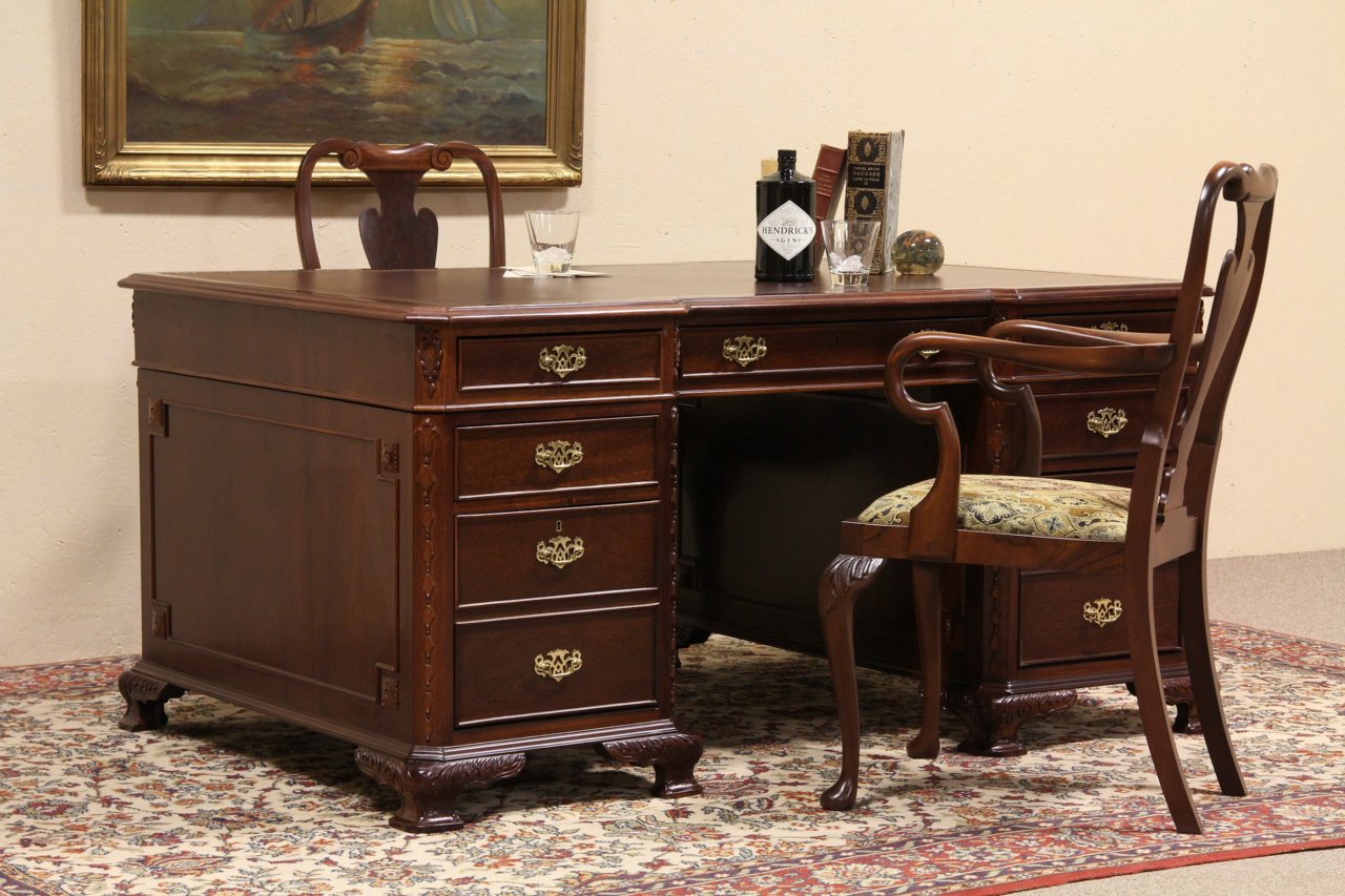 Carved Partner Desk, Leather Top