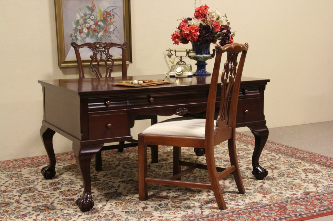 1920 Carved Mahogany Partner Desk
