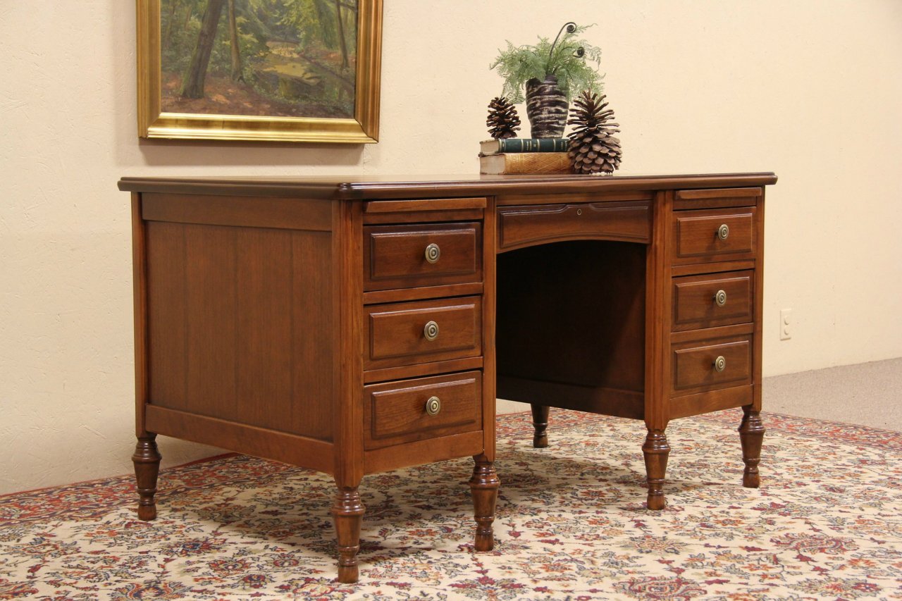 Walnut 1930 Era Executive Desk, File Drawer