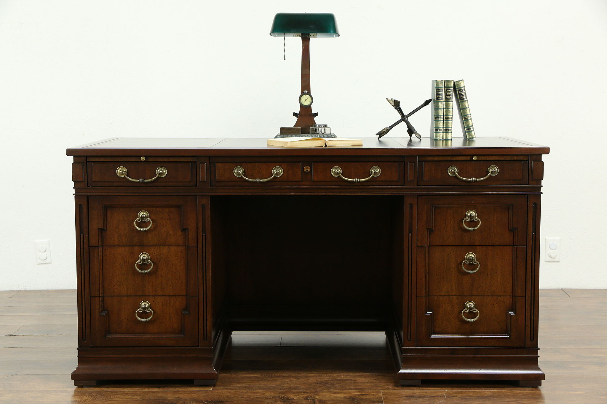 Sligh Vintage Library Desk Fruitwood Tooled Leather 2 File