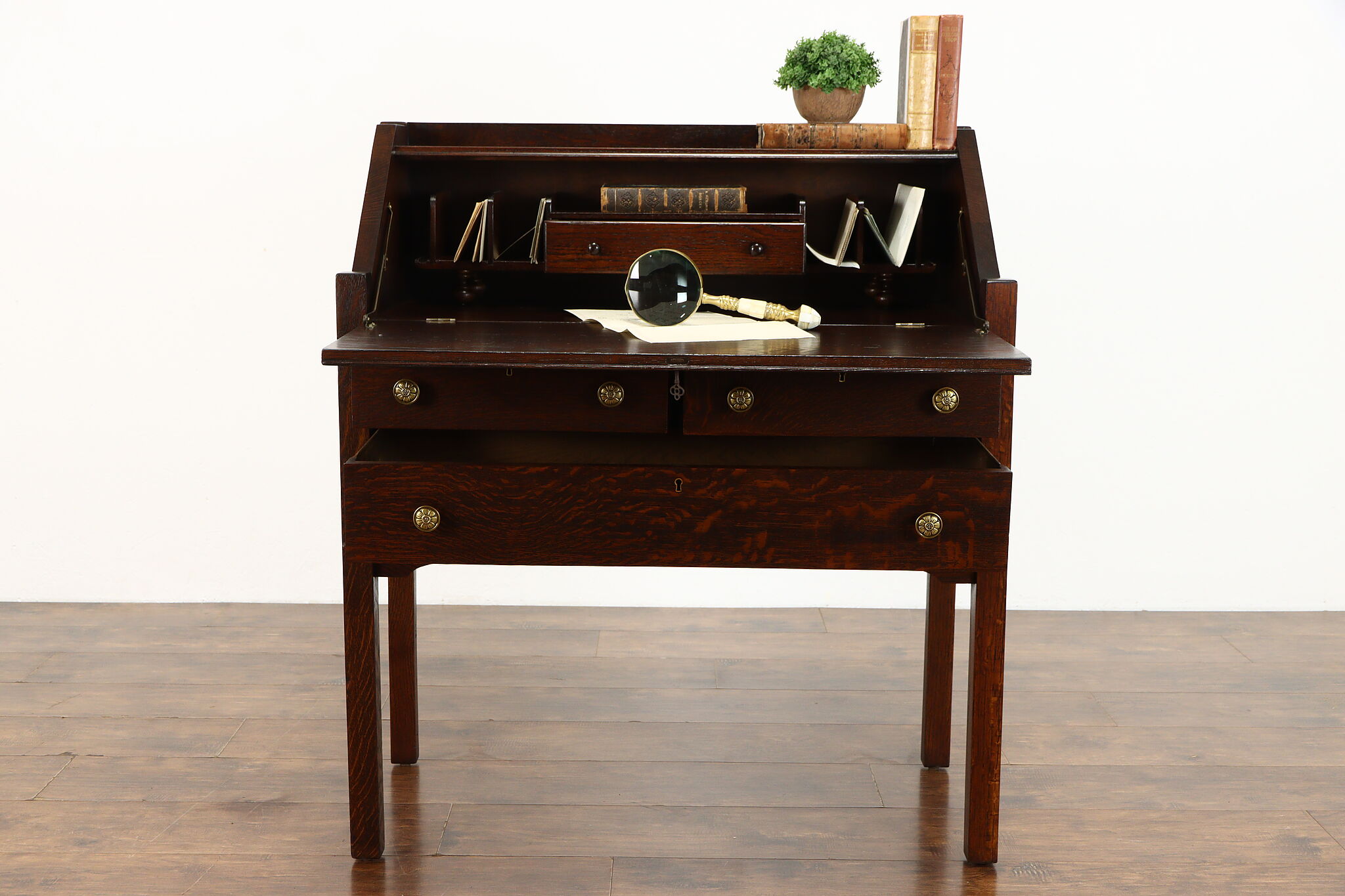 Details about   English Antique Oak Art & Craft Front Drop Desk 