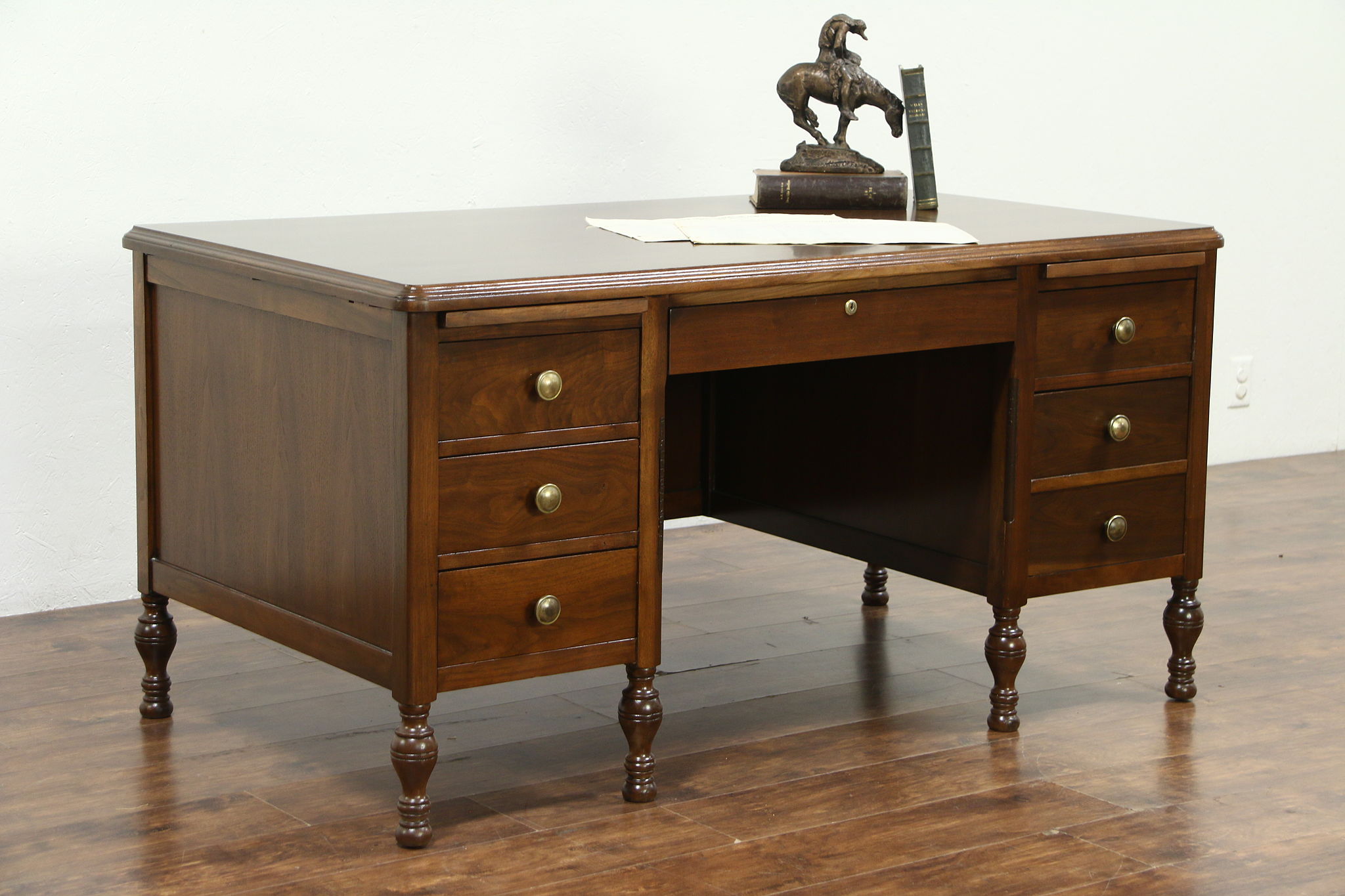 Walnut Antique 1920 Executive Office or Library Desk, Signed Lincoln