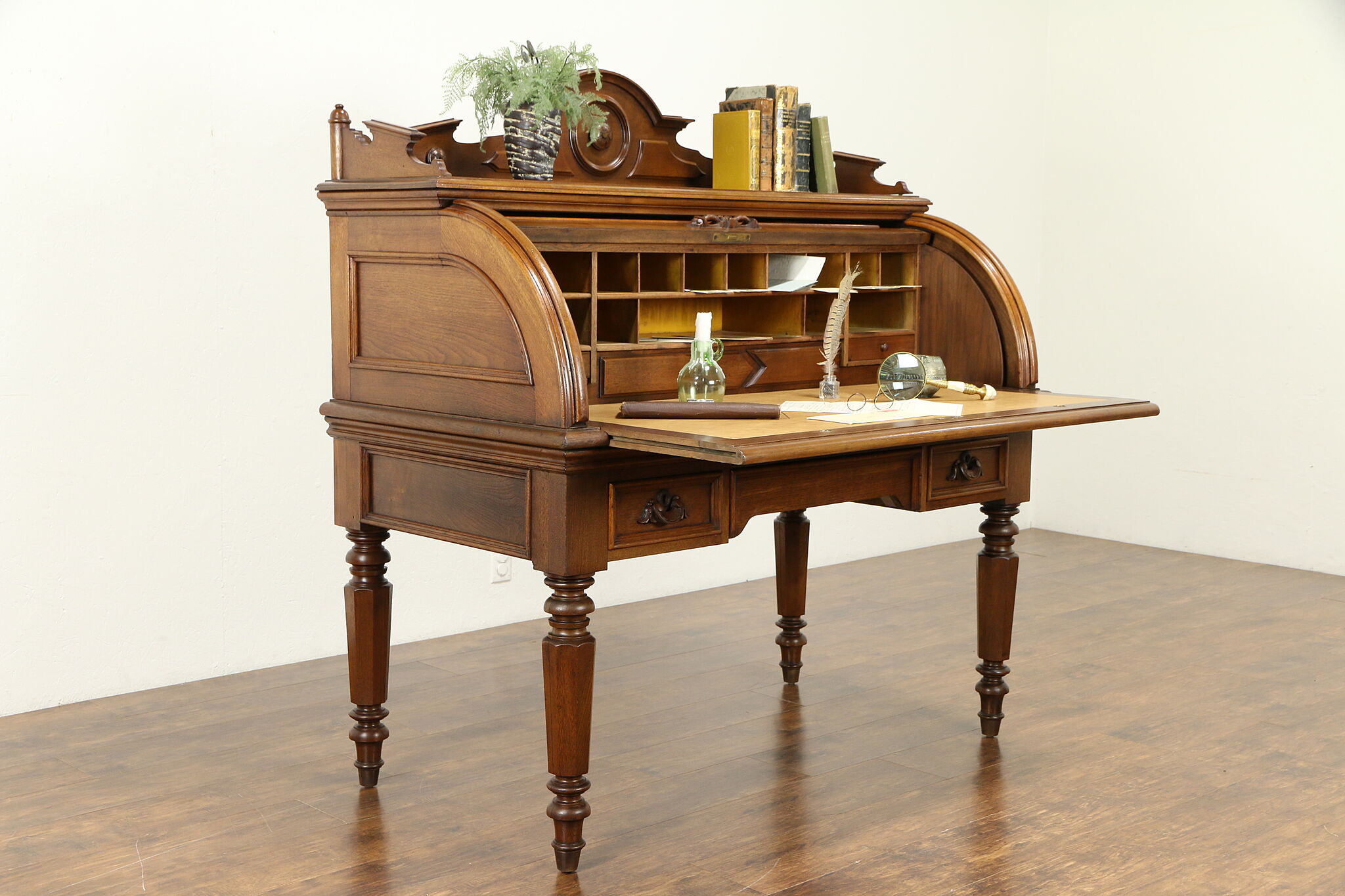 Victorian Carved Walnut Cylinder Roll Top Desk, Leather