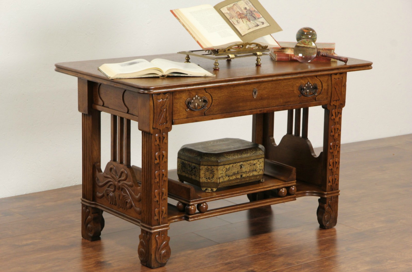 Oak 1885 Antique Carved Hall or Library Table, Lower Display Shelf