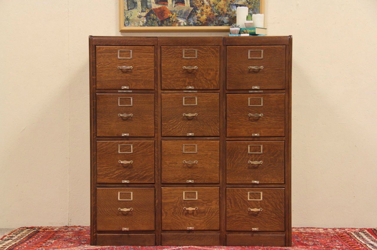 Triple Oak 12 Drawer Antique Library File