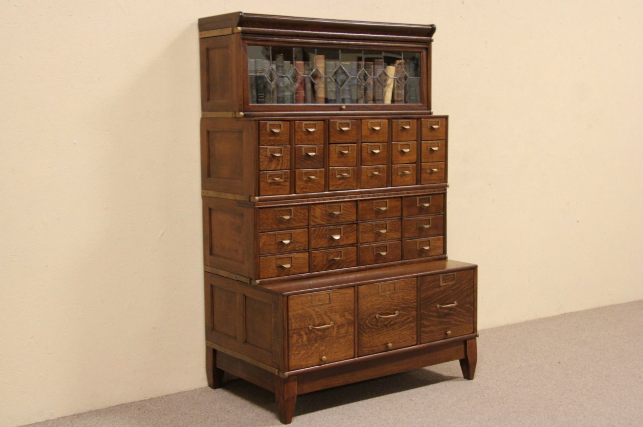 Globe Oak 1900 Leaded Glass Stacking Bookcase & 33 Drawer File